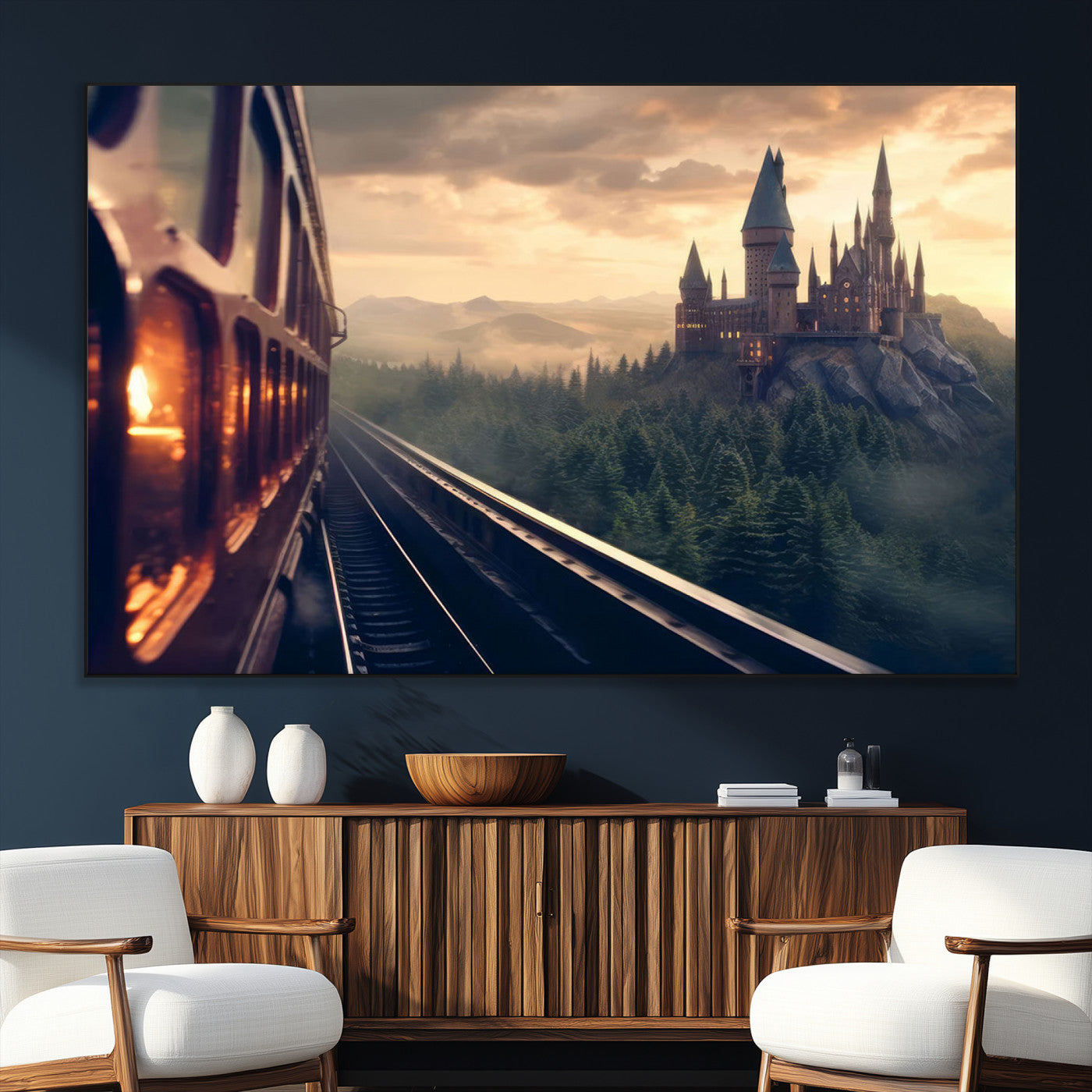 84029-MGV-CV-36X24-Fantasy Castle Wall Art – Magical Train Sunset Forest Canvas Print, Enchanted Landscape Painting Poster for Living Room, Bedroom,