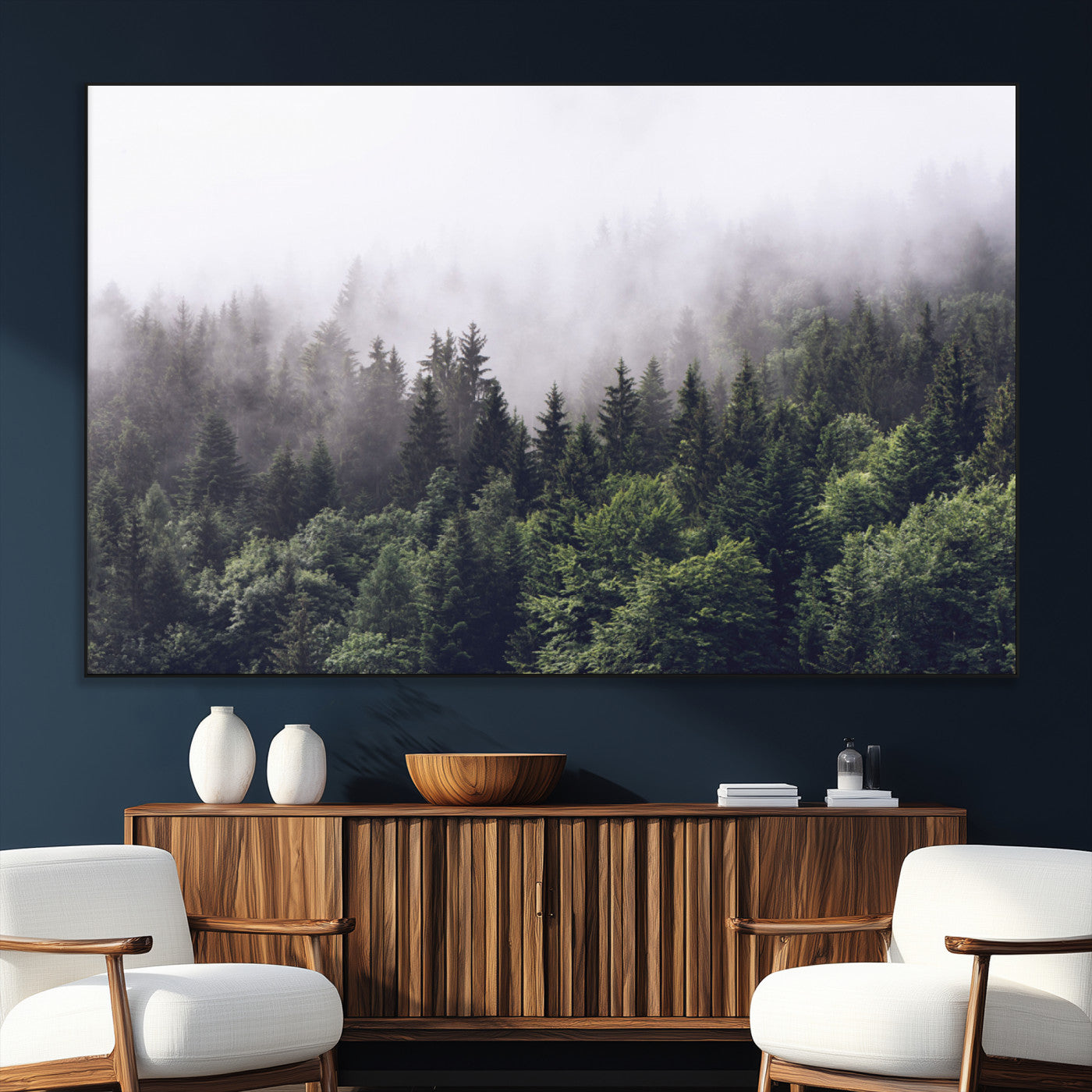 42578900-MGV-CV-36X24-Misty Pine Forest Wall Art – Tranquil Foggy Mountain Canvas Print, Nature Landscape Décor for Bedroom, Living Room, Cabin or