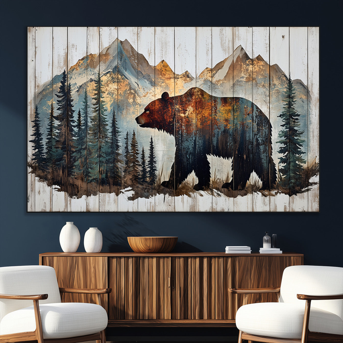 55777-MGV-CV-36X24-Rustic Bear Wall Art Canvas Print, Framed Mountain and Forest Art Picture Print, Wooden Bear Perfect Rustic Lodge Decor Artwork