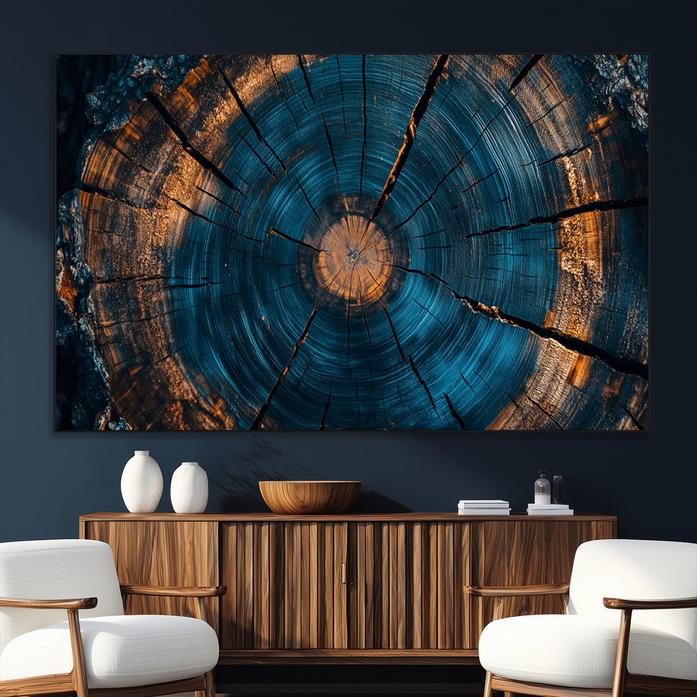 65231-MGV-CV-36X24-Blue and Gold Tree Ring Wall Art – Rustic Abstract Wood Slice Canvas Print, Modern Nature Inspired Artwork for Living Room,