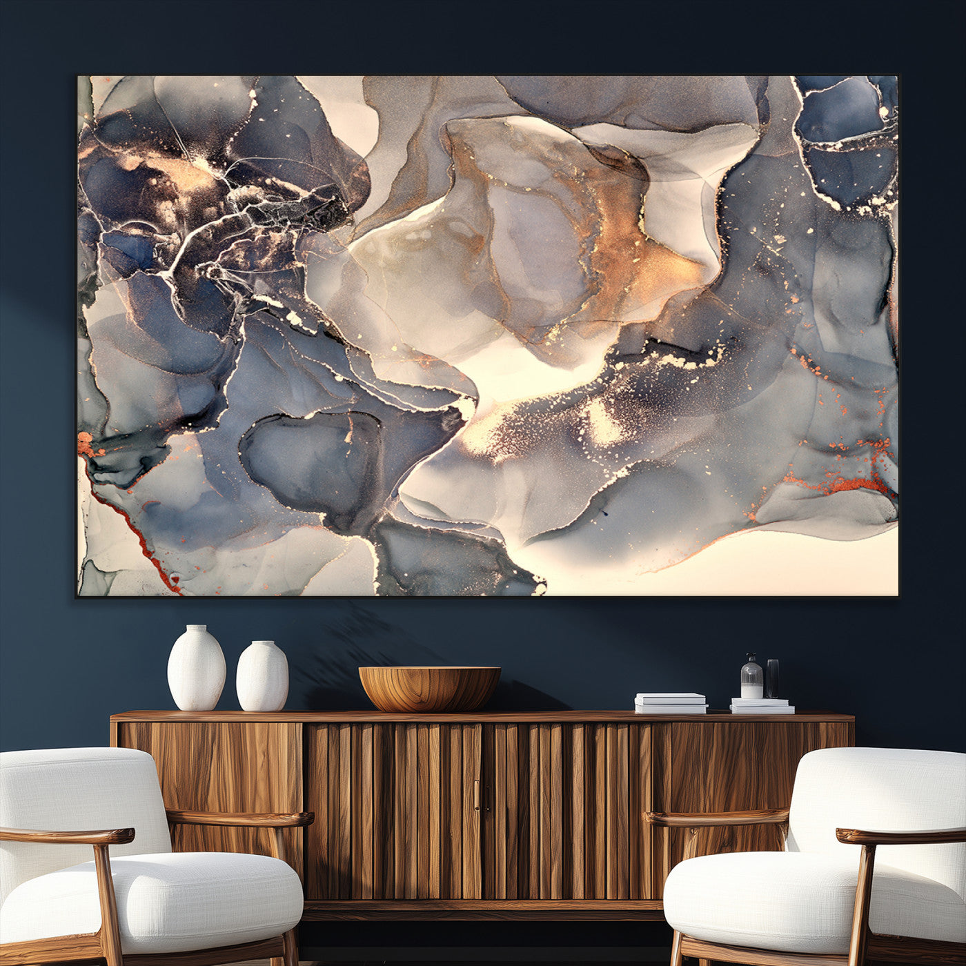 18202-SEG-FC-51X34_Oversize_Oversize-Abstract Neutral Wall Art – Blue, Beige and Gold Fluid Ink Canvas Print, Modern Minimalist Painting for Living Room, Office