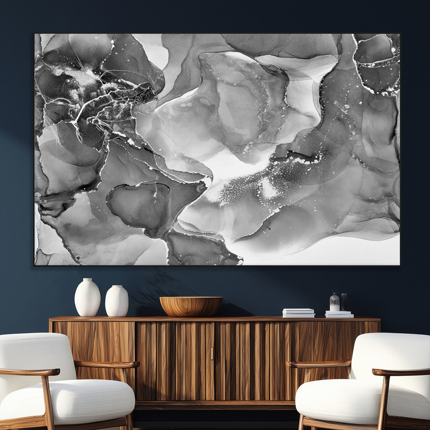 15911-SEG-FC-51X34_Oversize_Oversize-Black and White Abstract Wall Art – Modern Ink Swirl Canvas Print, Minimalist Contemporary Painting for Living Room, Bedroom,