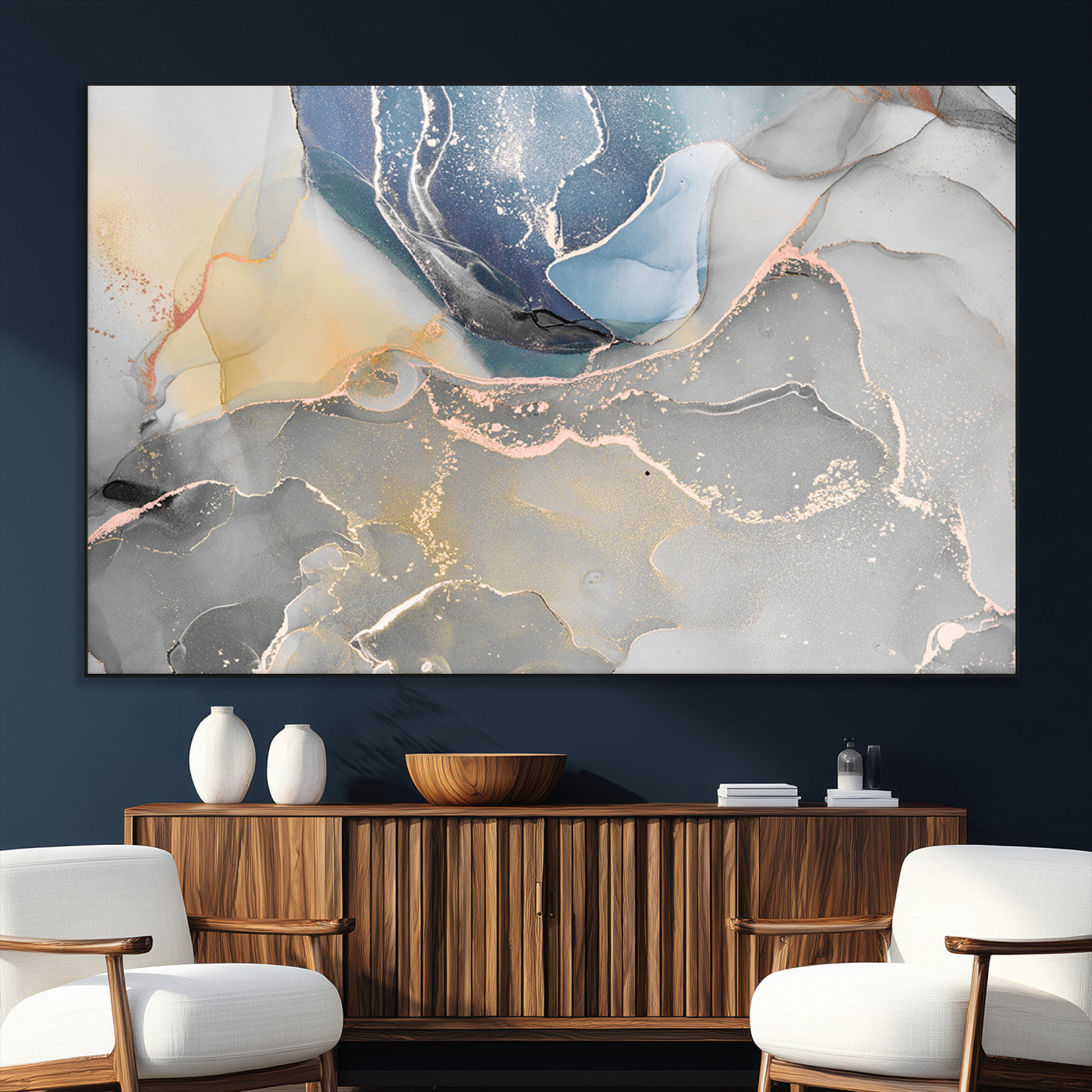 18176-SEG-FC-51X34_Oversize_Oversize-Abstract Fluid Wall Art – Modern Marble Ink Canvas Print with Blue, Gold, and Gray Tones, Contemporary Minimal Artwork Decor for