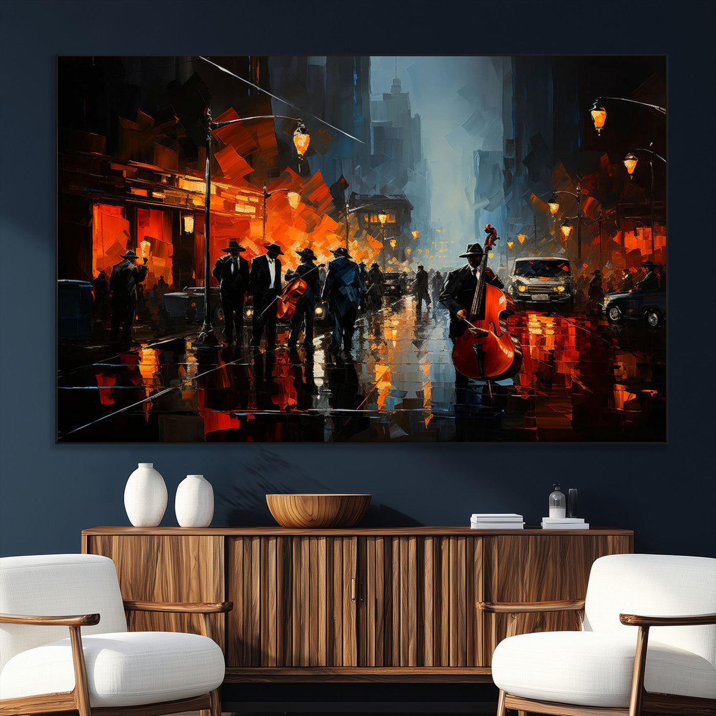 32816-SEG-FC-51X34_Oversize_Oversize-City Jazz Night Wall Art – Modern Abstract Urban Street Scene Canvas Print, Moody Music-Themed Decor for Living Room, Office, or