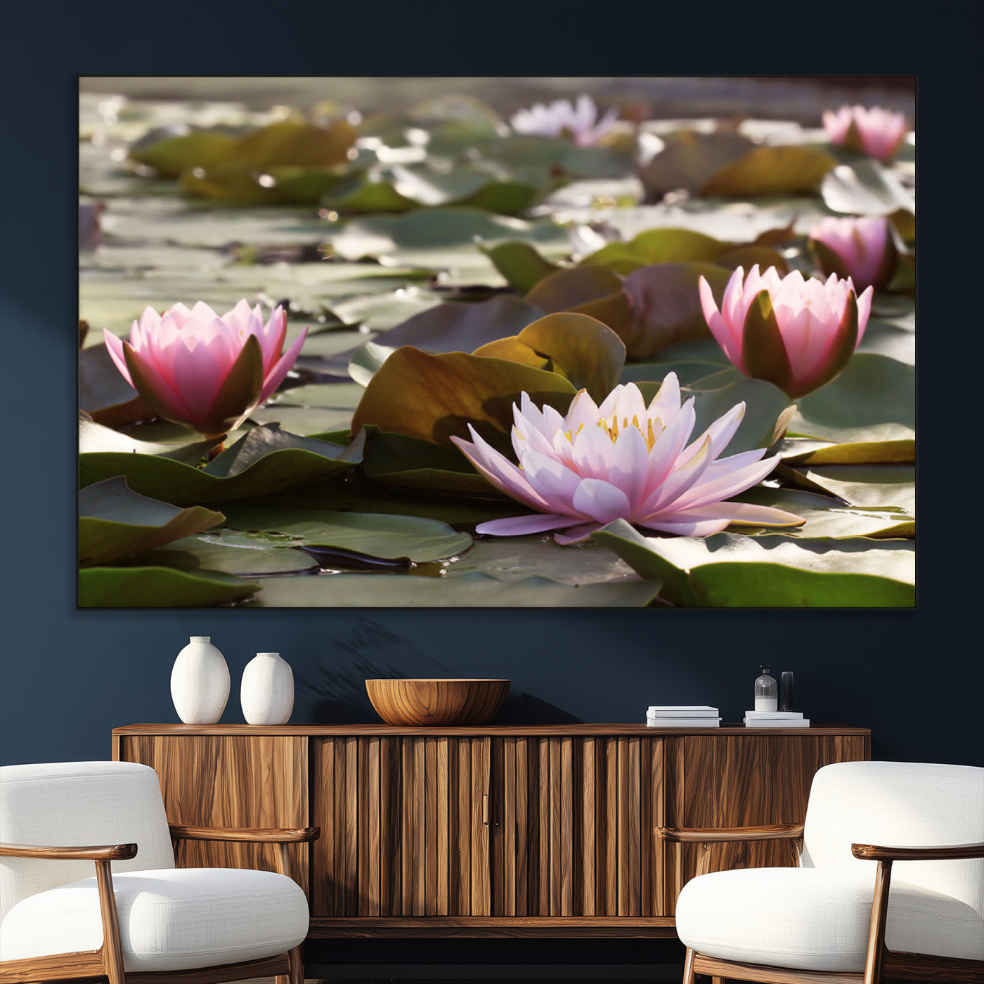 72218-SEG-FC-51X34_Oversize_Oversize-Water Lily Pond Wall Art – Pink Lotus Flowers Canvas Print with Green Lily Pads, Peaceful Botanical Artwork for Living Room,