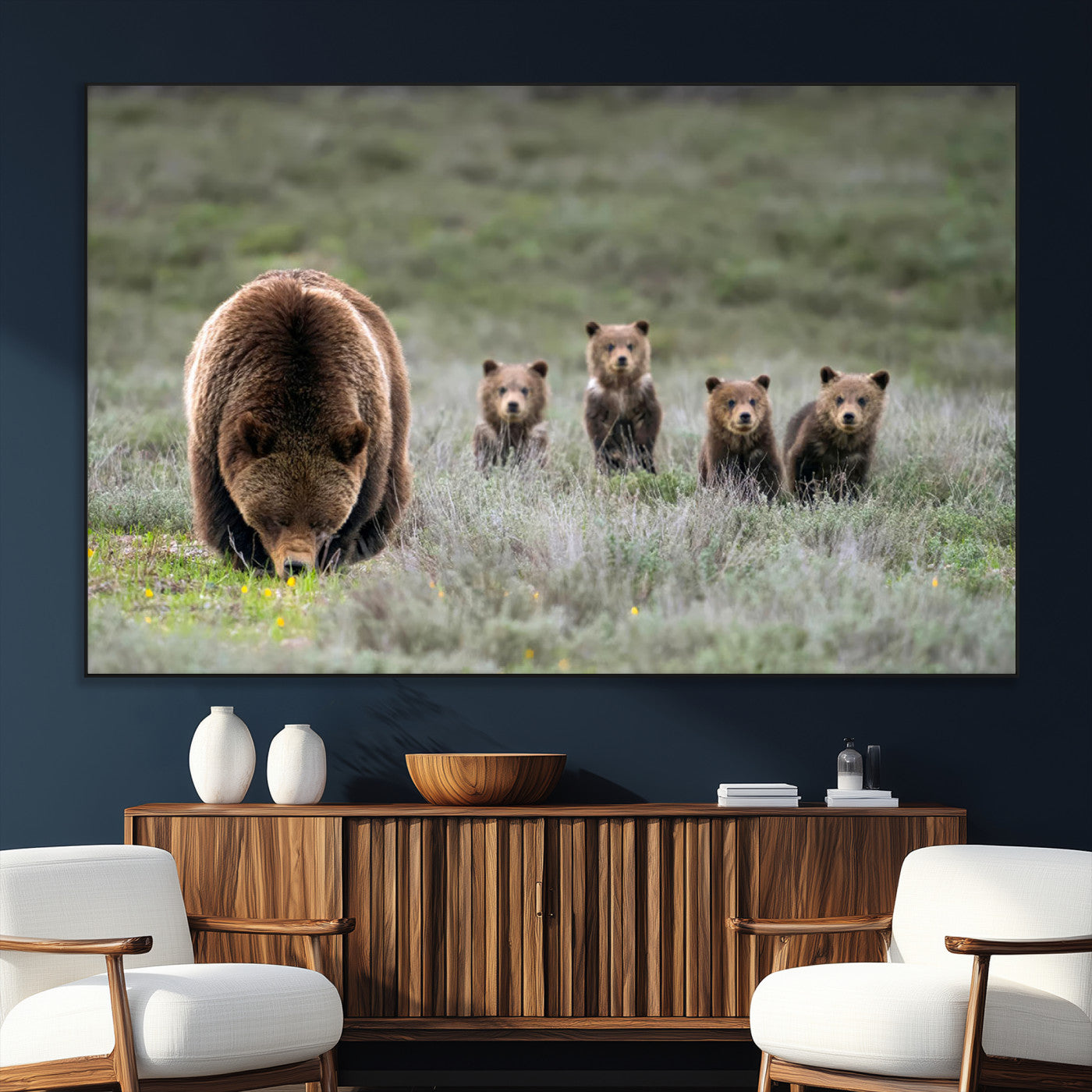 40555-SEG-FC-51X34_Oversize_Oversize-Bear Family Wall Art – Wildlife Canvas Print of Mother Bear with Four Cubs in Nature, Rustic Animal Artwork for Living Room,