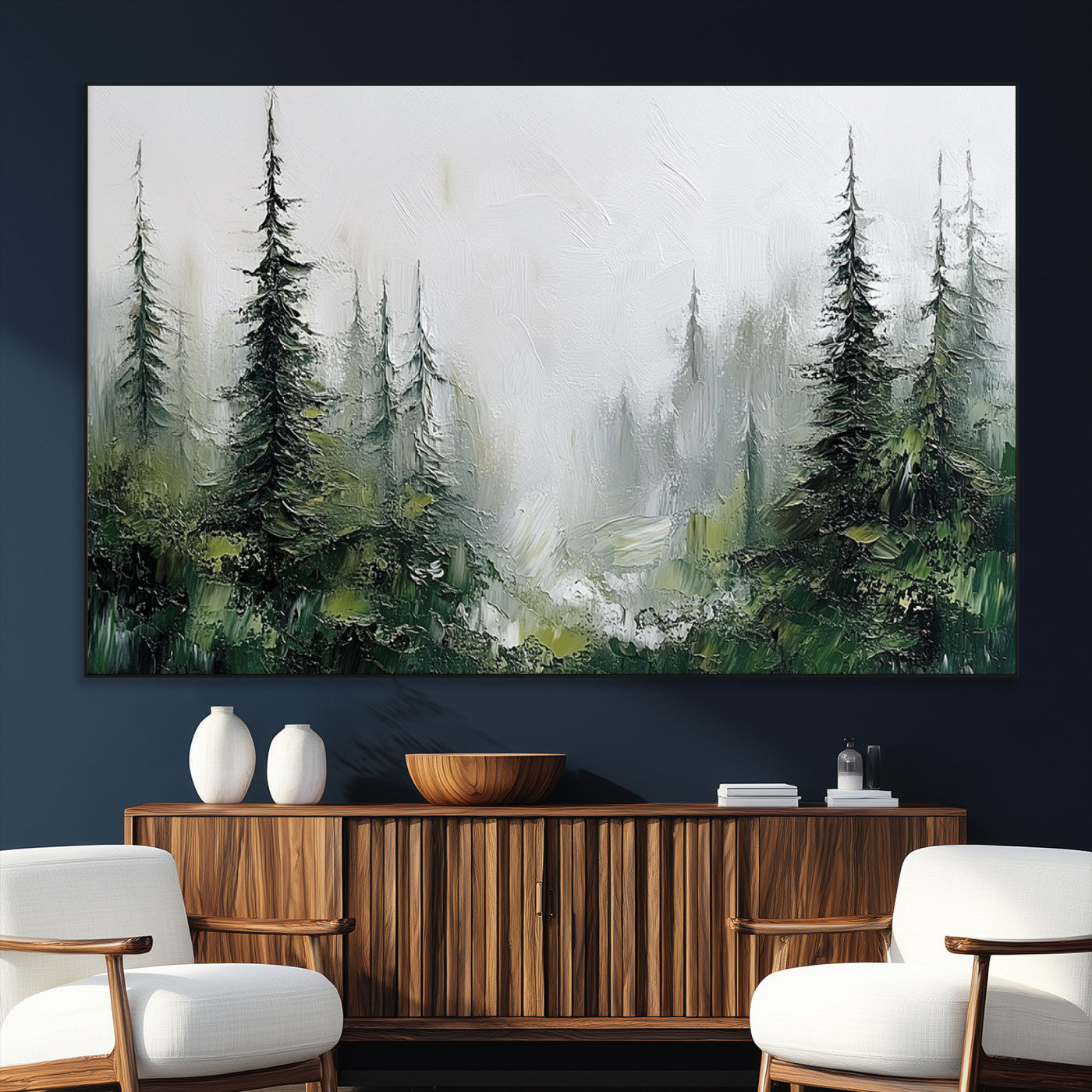 76014-SEG-FC-51X34_Oversize_Oversize-Forest Wall Art – Textured Canvas Print Featuring Misty Evergreen Pines and Woodland Landscape, Rustic Nature Artwork for Living