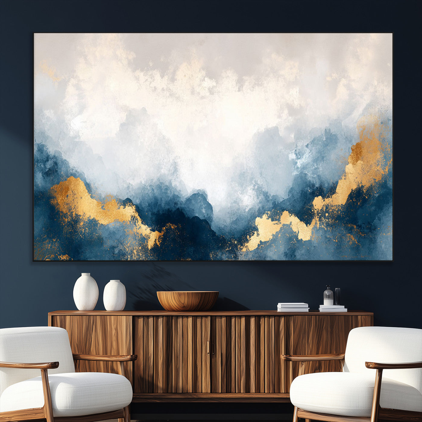 14578-SEG-FC-51X34_Oversize_Oversize-Abstract Wall Art – Modern Canvas Print Featuring Blue and White Clouds with Golden Accents, Contemporary Elegant Artwork for