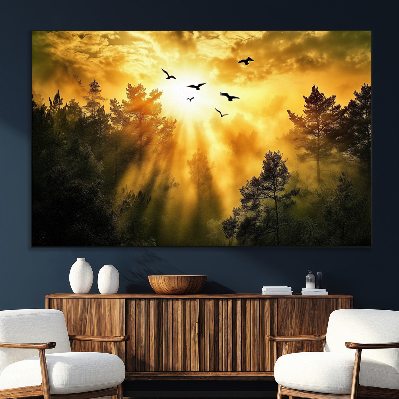 13776802-SEG-FC-51X34_Oversize_Oversize-Golden Forest Wall Art Canvas Print, Framed Sunset Pines Art Picture Print, Flying Birds Perfect Nature Glow Decor Artwork