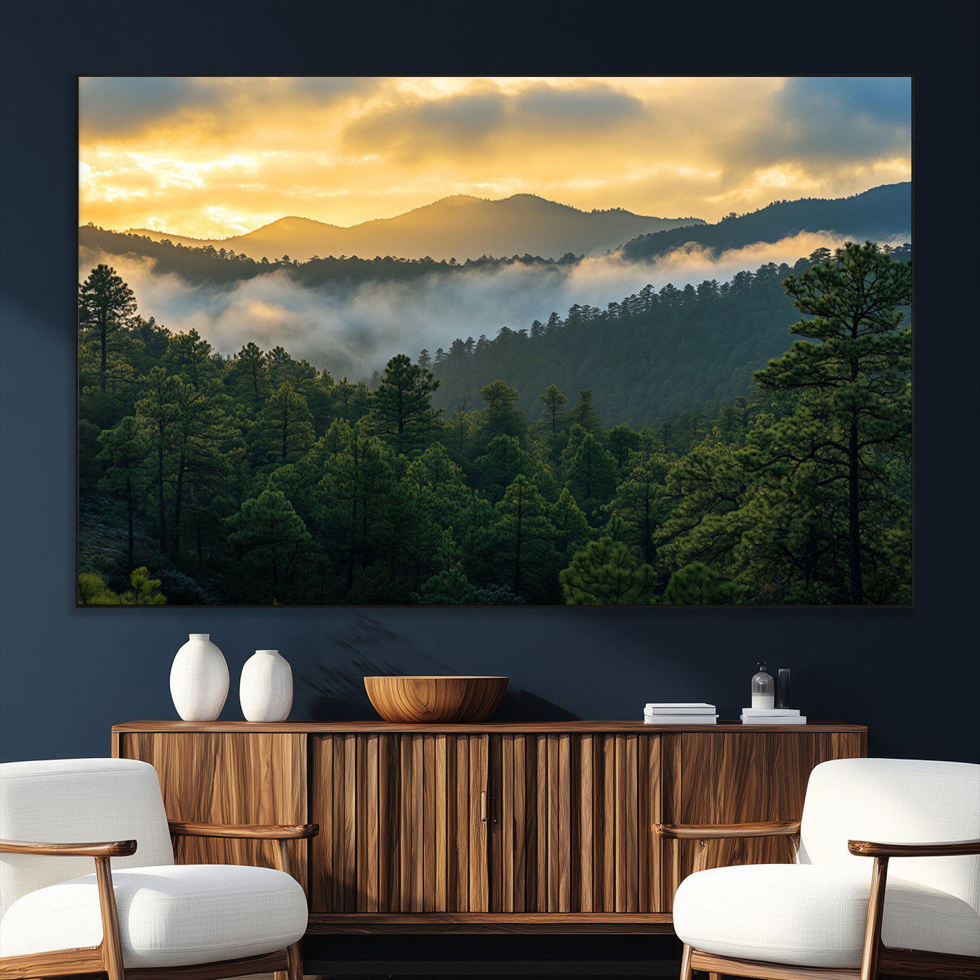 68082278-SEG-FC-51X34_Oversize_Oversize-Mountain Sunrise Wall Art Canvas Print, Framed Pine Forest Art Picture Print, Misty Mountains Perfect Earthy Woodland Decor