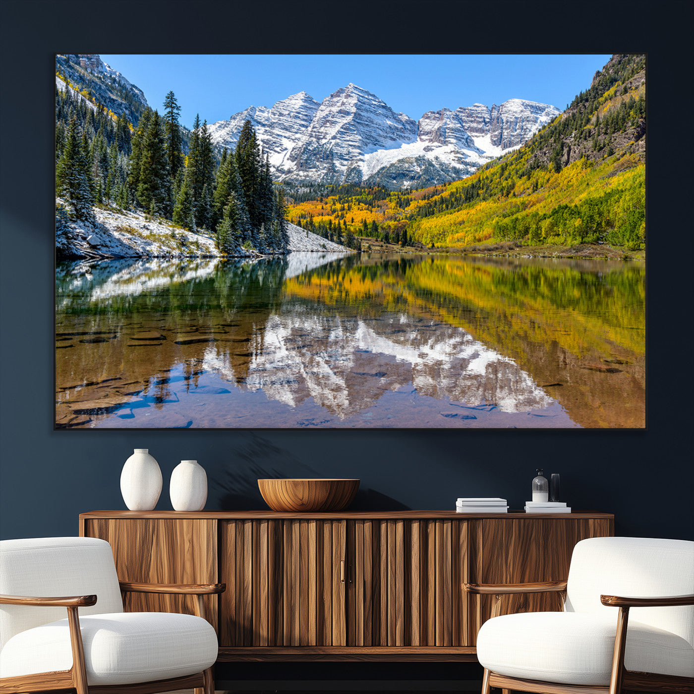 87724099-SEG-FC-51X34_Oversize_Oversize-Maroon Bells Wall Art Canvas Print, Framed Snowy Mountains Art Picture Print, Pine Forest Perfect Vibrant Alpine Decor Artwork