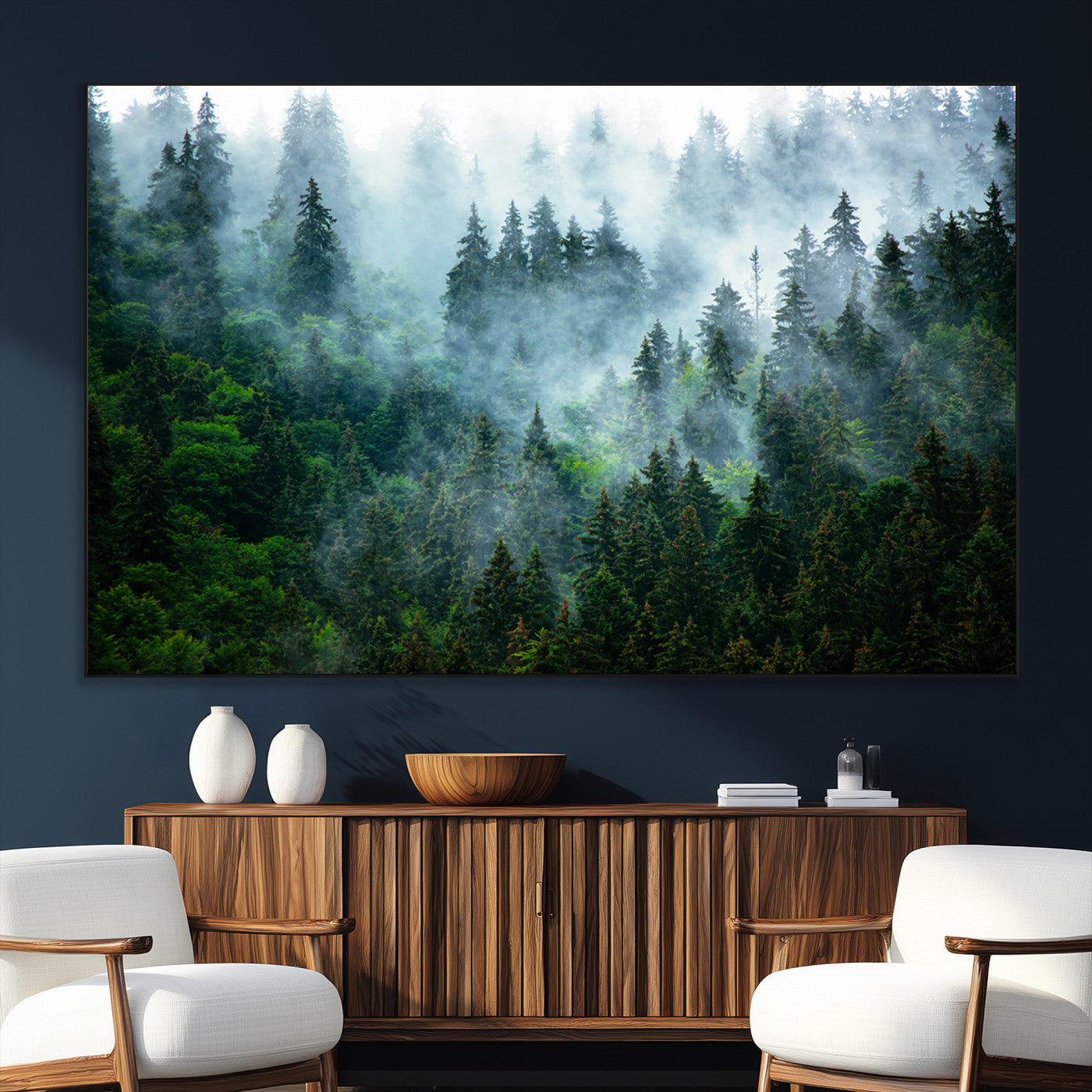 17393683-SEG-FC-51X34_Oversize_Oversize-Misty Forest Art Wall Art Canvas Print, Framed Foggy Mountain Art Art Picture Print, Scenic Wall Print Perfect Decor Artwork