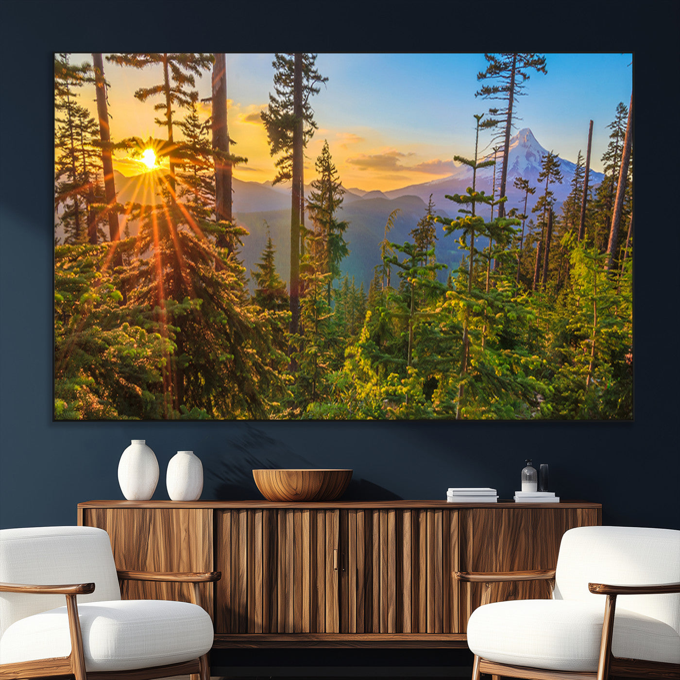 83544043-SEG-FC-51X34_Oversize_Oversize-Forest Sunset Wall Art Canvas Print, Framed Sunset Trees Art Picture Print, Green Pines Perfect Rustic Nature Decor Artwork