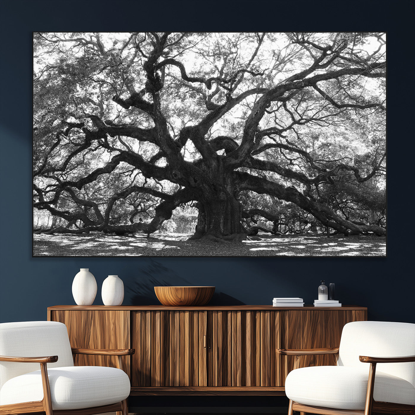 81655611-SEG-FC-51X34_Oversize_Oversize-Ancient Oak Wall Art Canvas Print, Framed Twisted Branches Art Picture Print, Gnarled Tree Perfect Moody Nature Decor Artwork