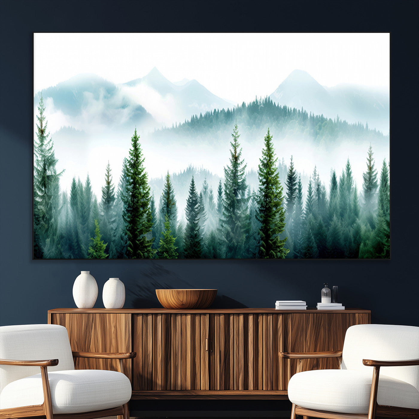 16716676-SEG-FC-51X34_Oversize_Oversize-Pine Forest Wall Art Canvas Print, Framed Misty Mountains Art Picture Print, Foggy Trees Perfect Moody Forest Decor Artwork