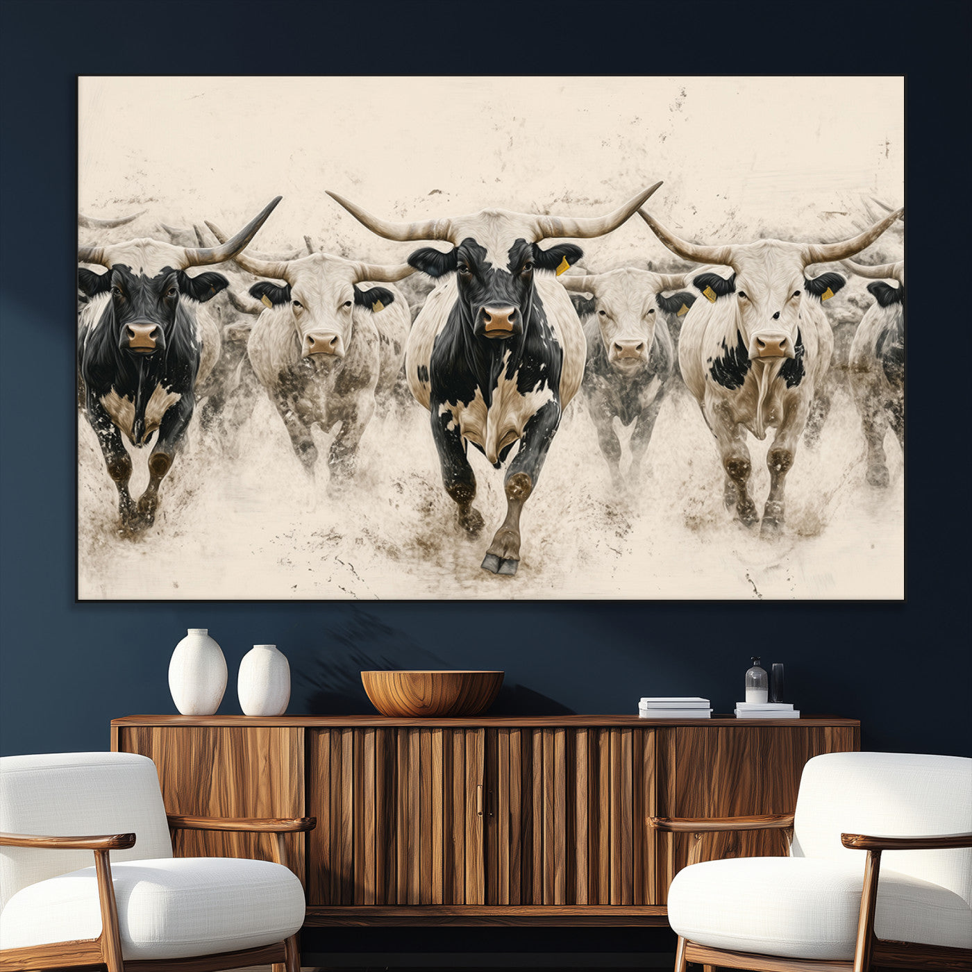 61538944-SEG-FC-51X34_Oversize_Oversize-Texas Longhorn Wall Art Canvas Print, Framed Cattles Walking Art Picture Print, Black White Bulls Perfect Rustic Western Decor