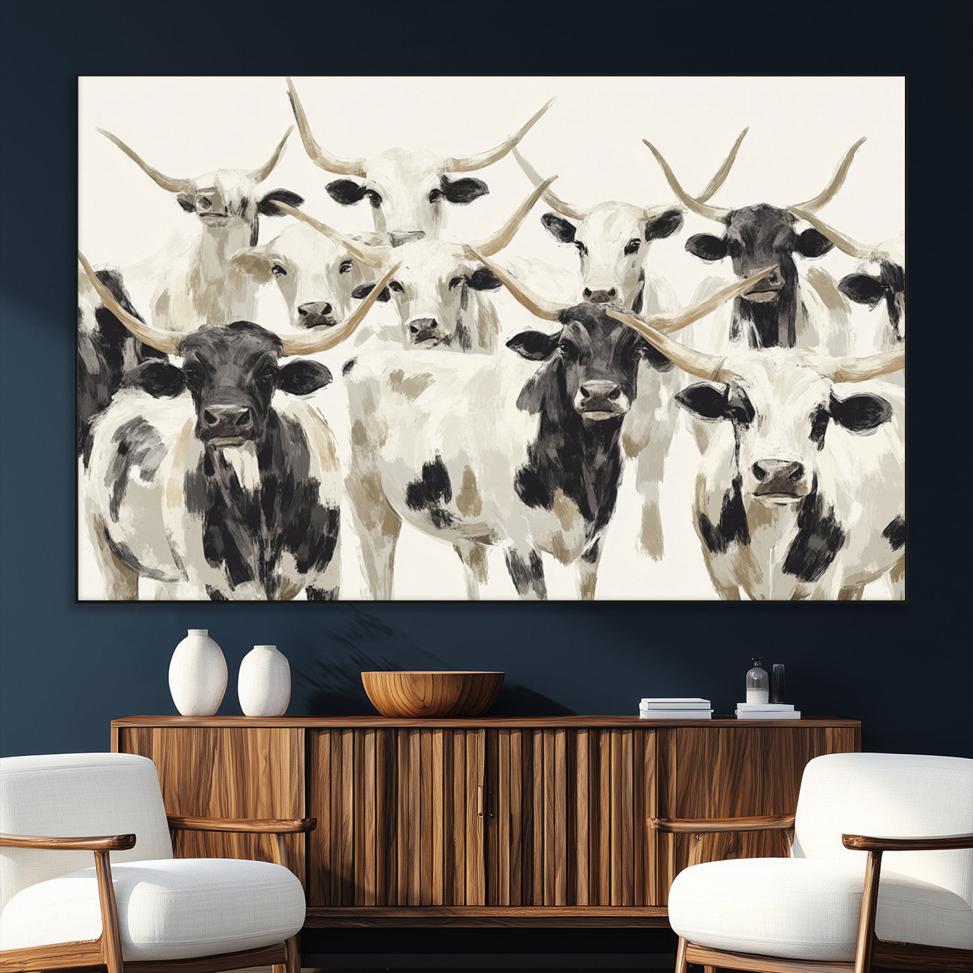 52947970-MGV-CV-36X24-Texas Longhorn Wall Art Canvas Print, Framed Cattle Herd Art Picture Print, Herd Portrait Perfect Modern Farmhouse Decor Artwork