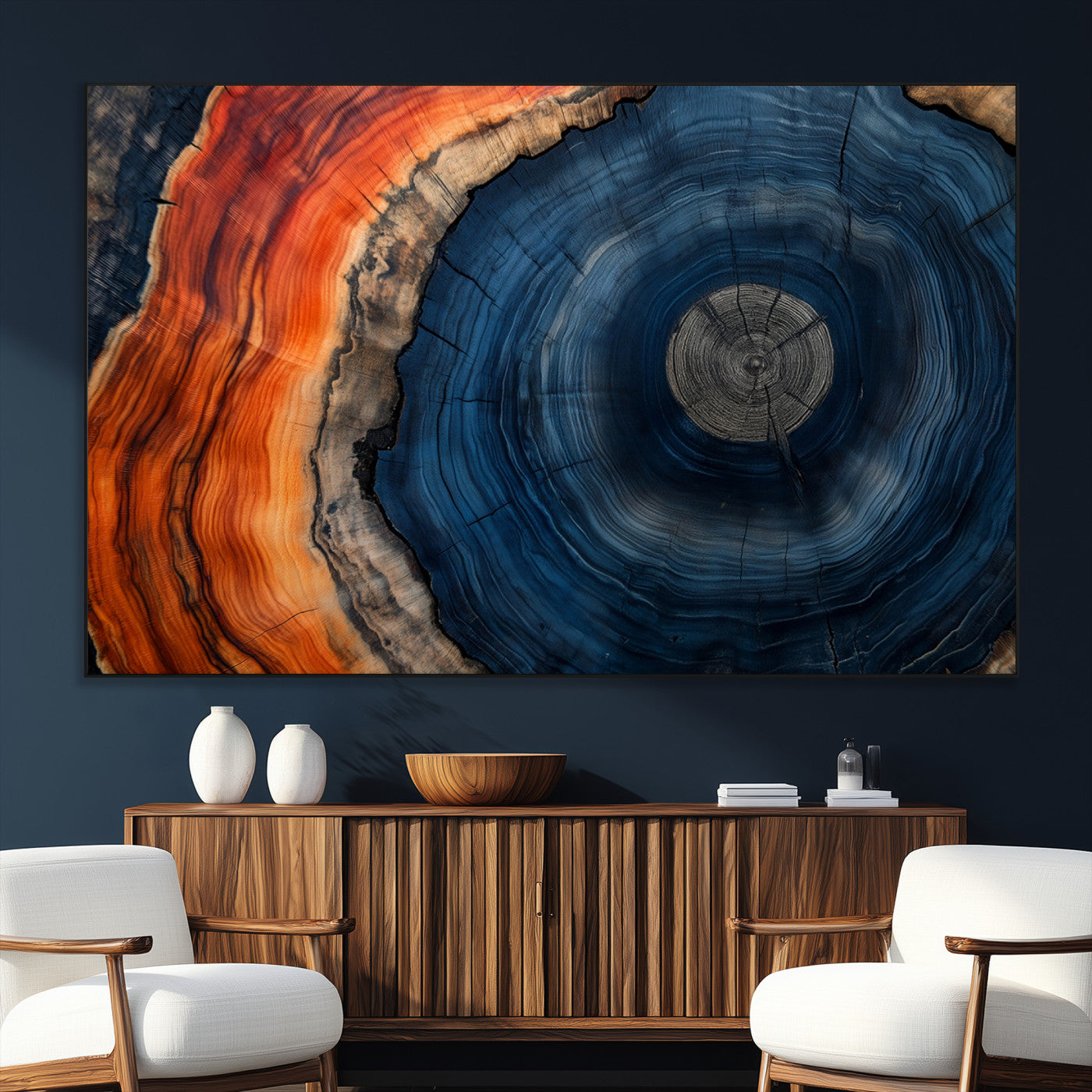 99491700-SEG-FC-51X34_Oversize_Oversize-Tree Ring Canvas Wall Art – Blue Orange Abstract Wood Grain Print, Rustic Modern Nature Artwork for Living Room, Office, Bedroom