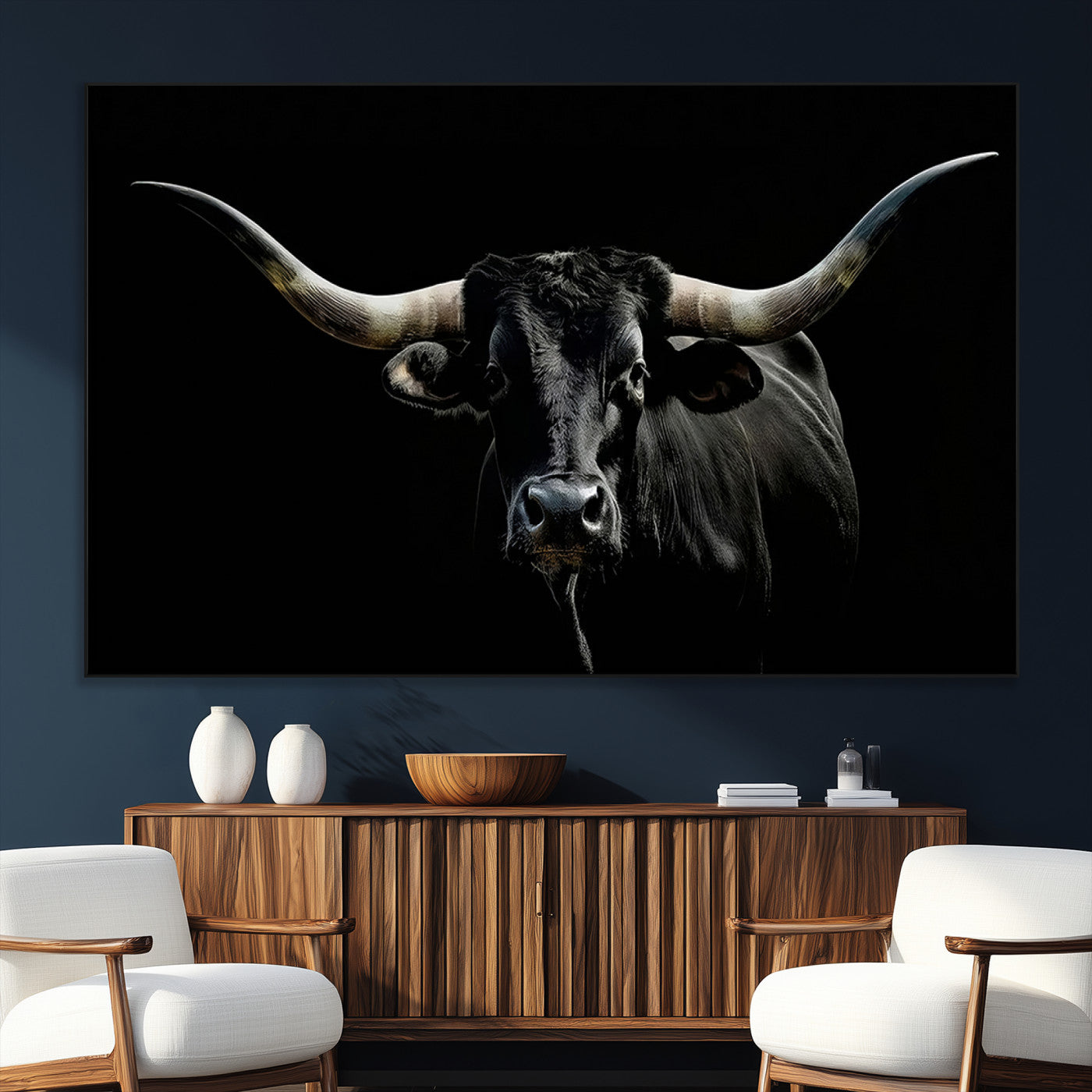 37531960-SEG-FC-51X34_Oversize_Oversize-Black Longhorn Bull Wall Art – Dramatic Western Cattle Canvas Print, Rustic Farmhouse Animal Artwork for Living Room, Bedroom,