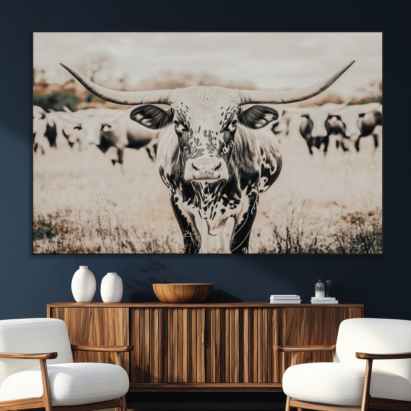 27497342-SEG-FC-51X34_Oversize_Oversize-Texas Longhorn Wall Art Canvas Print, Framed Speckled Cow Art Picture Print, Horned Cattle Perfect Rustic Western Decor Artwork