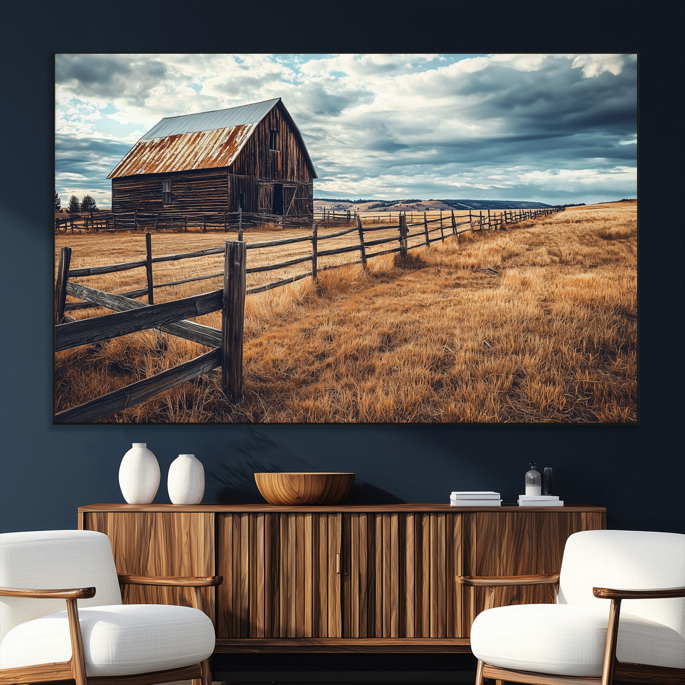 69356982-SEG-FC-51X34_Oversize_Oversize-Old Barn Wall Art Canvas Print, Framed Rustic Fence Art Picture Print, Wooden Farmhouse Perfect Rustic Farmhouse Decor Artwork