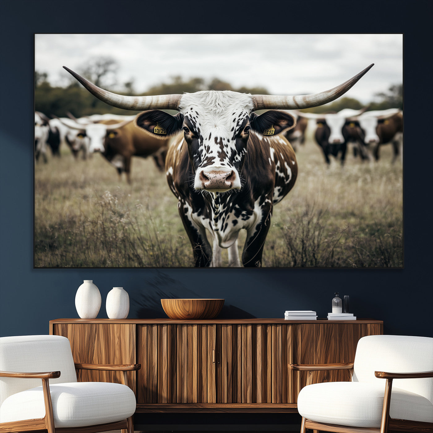 79025945-SEG-FC-51X34_Oversize_Oversize-Texas Longhorn Wall Art Canvas Print, Framed Speckled Cow Art Picture Print, Horned Cattle Perfect Rustic Western Decor Artwork
