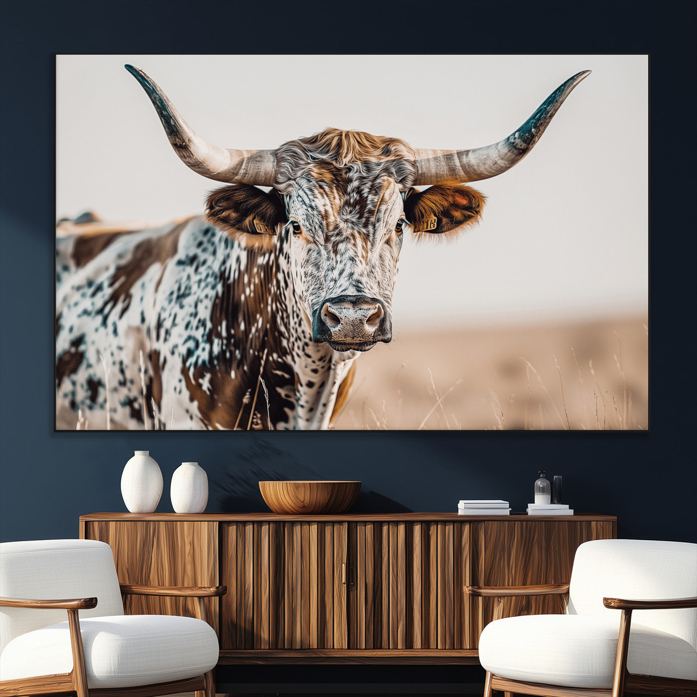70414966-SEG-FC-51X34_Oversize_Oversize-Texas Longhorn Wall Art Canvas Print, Framed Speckled Cow Art Picture Print, Horned Bull Perfect Rustic Western Decor Artwork