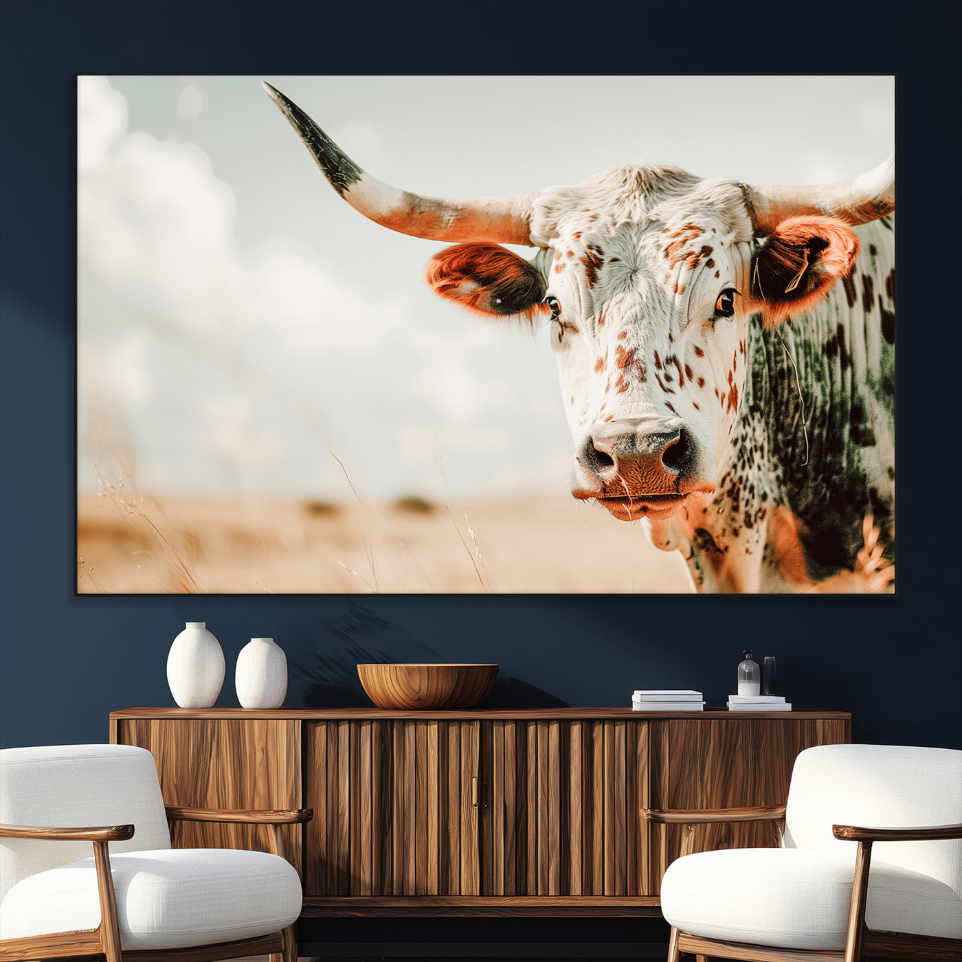 72766375-SEG-FC-51X34_Oversize_Oversize-Texas Longhorn Wall Art Canvas Print, Framed Spotted Cow Art Picture Print, Horned Cattle Perfect Rustic Western Decor Artwork