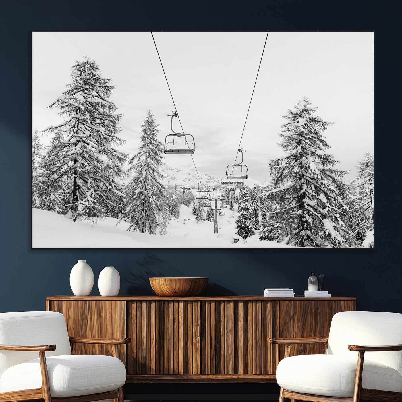 55003599-SEG-FC-51X34_Oversize_Oversize-Snowy Ski Lift Wall Art Canvas Print, Framed Winter Forest Art Picture Print, Ski lift Ride Perfect Winter Lodge Decor Artwork