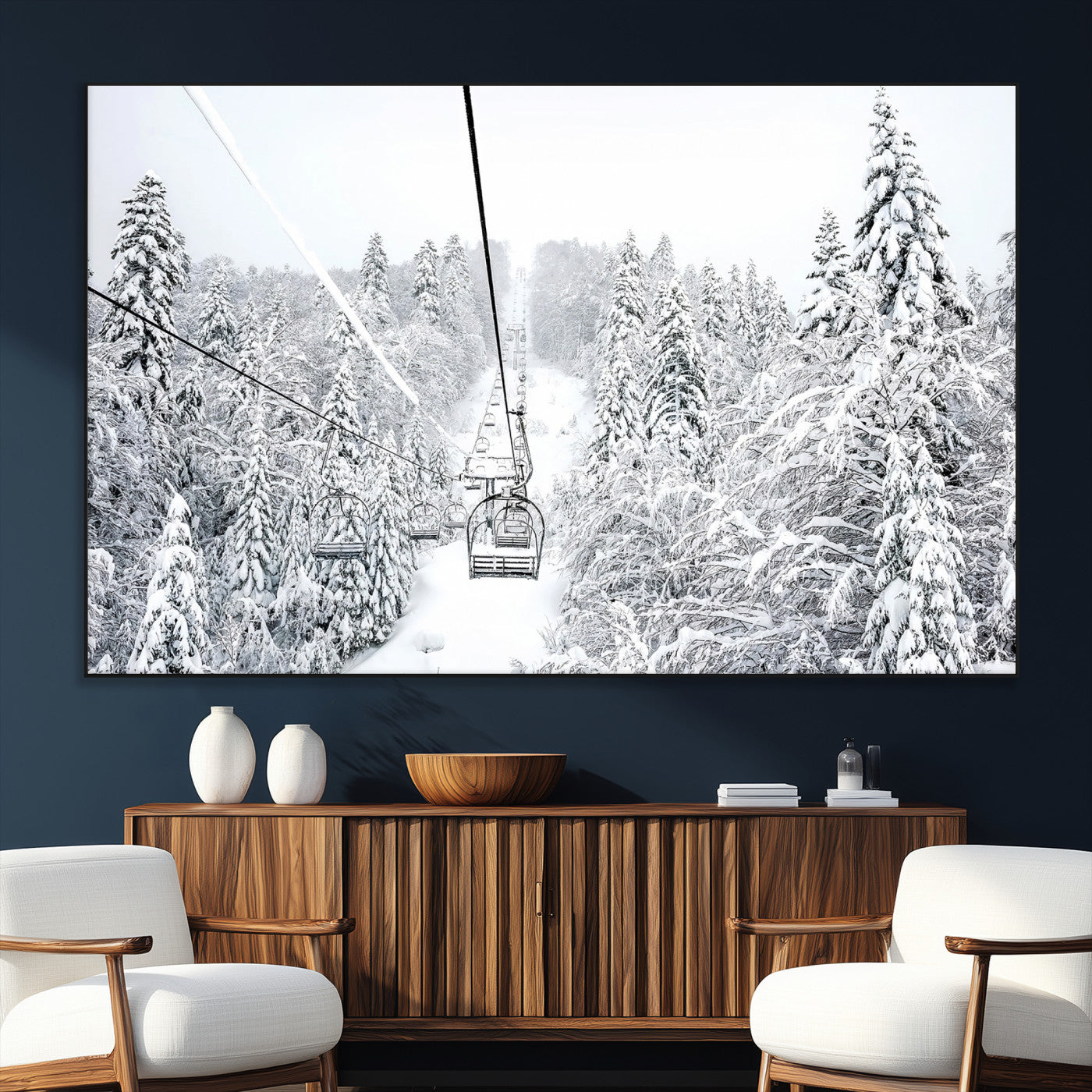 60296839-SEG-FC-51X34_Oversize_Oversize-Snowy Mountains Wall Art Canvas Print, Framed Ski Lift Art Picture Print, Winter Forest Perfect Winter Minimalist Decor Artwork