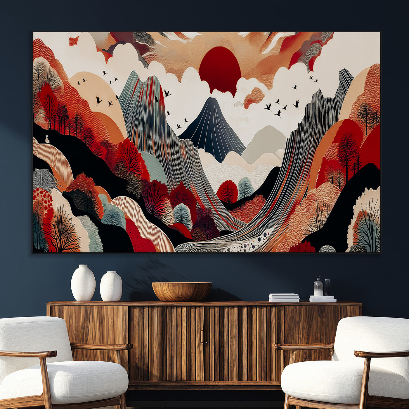 59495752-MGV-CV-36X24-Abstract Mountain Wall Art Canvas Print, Framed Vibrant Landscape Art Picture Print, Nature Drawing Perfect Contemporary