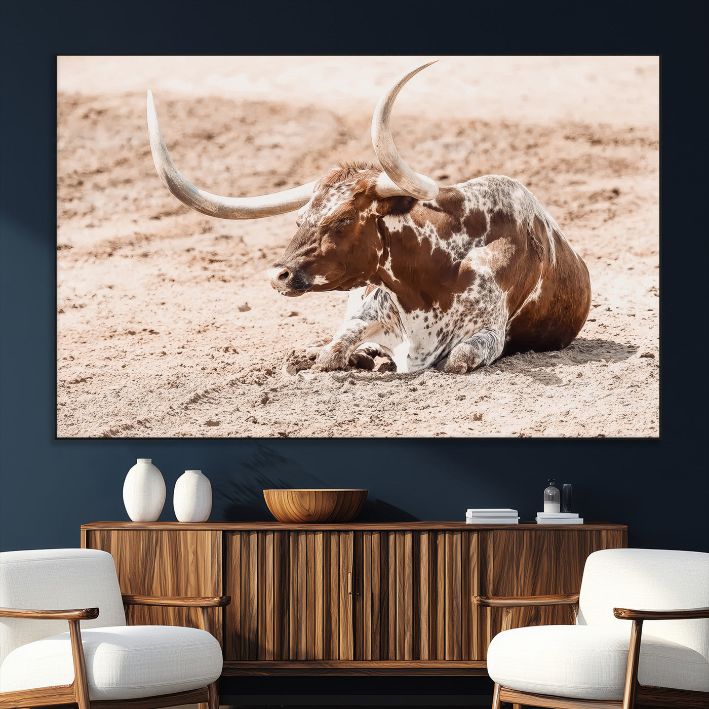91248682-MGV-CV-36X24-Texas Longhorn Wall Art Canvas Print, Framed Resting Bull Art Picture Print, Spotted Cattle Perfect Rustic Western Decor Artwork