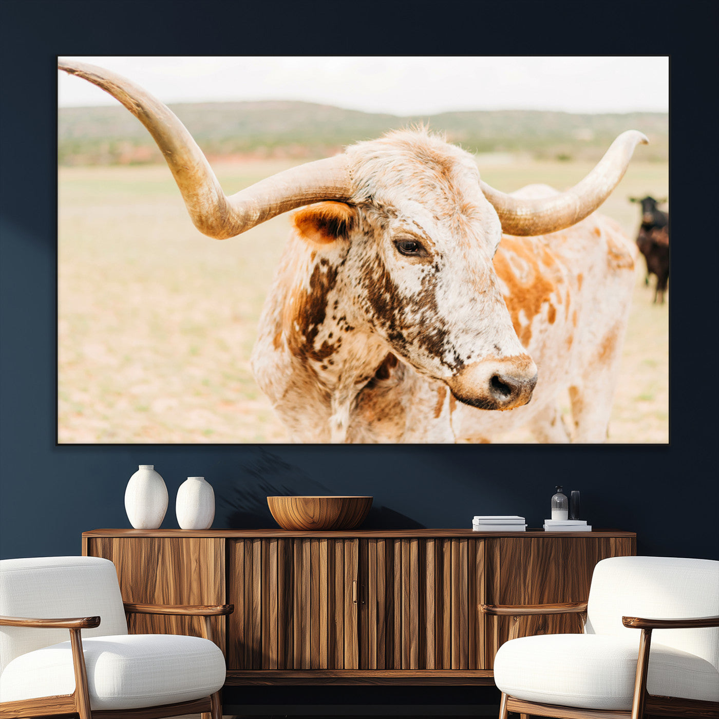 21060648-SEG-FC-51X34_Oversize_Oversize-Texas Longhorn Wall Art Canvas Print, Framed Speckled Cow Art Picture Print, Rustic Bull Perfect Rustic Western Decor Artwork
