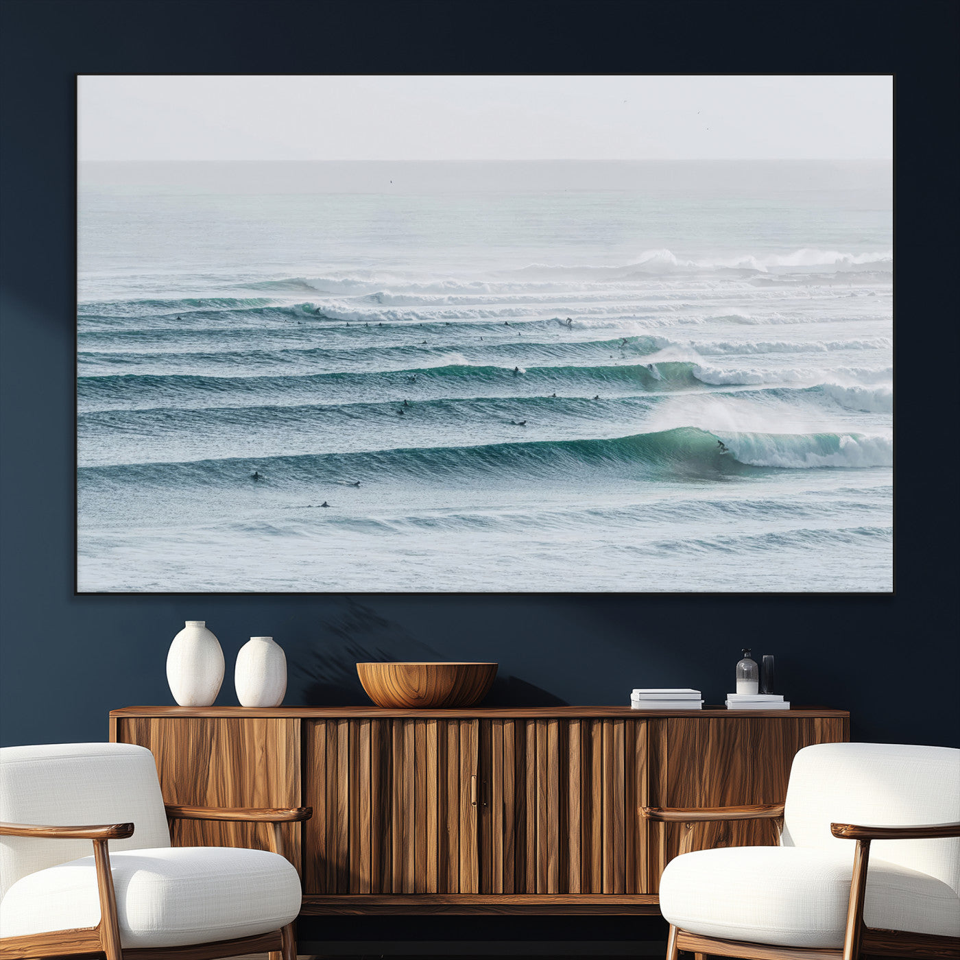 73969318-MGV-CV-36X24-Ocean Waves Wall Art Canvas Print, Framed Surfer Lineup Art Picture Print, Crowded Ocean Perfect Minimal Coastal Decor Artwork
