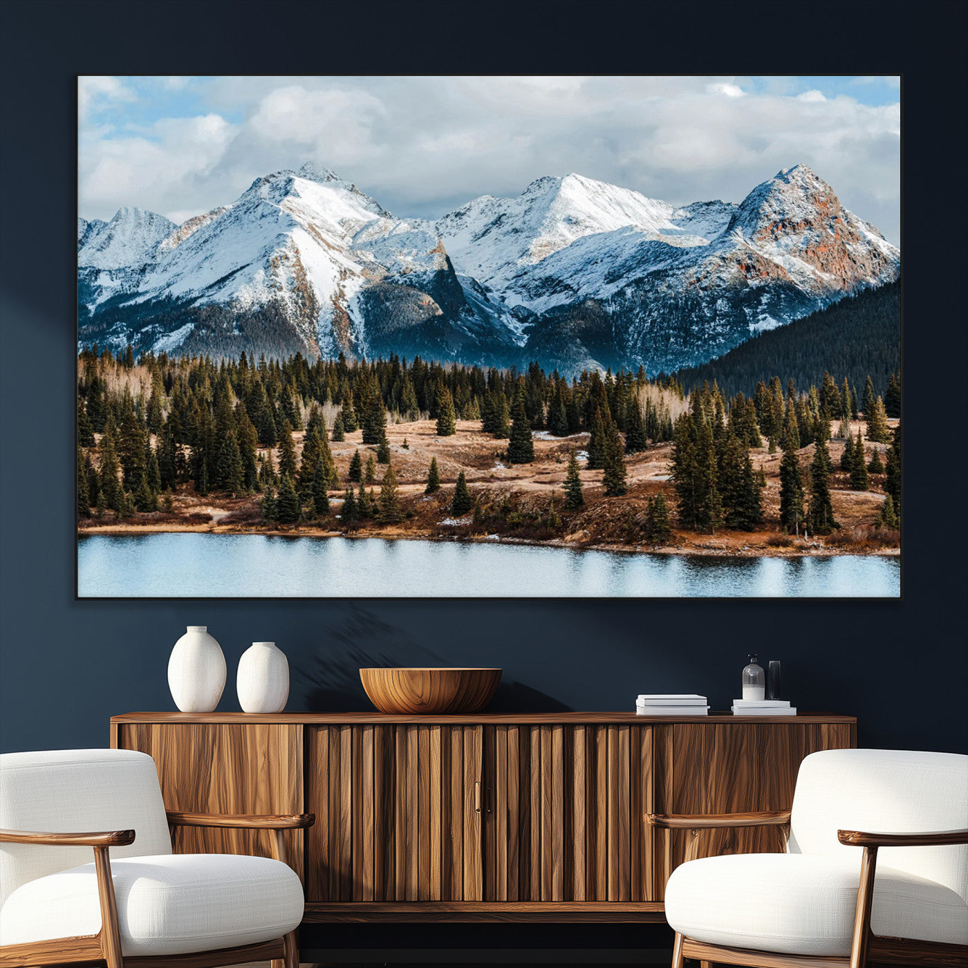 36247746-SEG-FC-51X34_Oversize_Oversize-Snowy Peaks Wall Art Canvas Print, Framed Alpine Lake Art Picture Print, Pine Forest Perfect Alpine Wilderness Decor Artwork