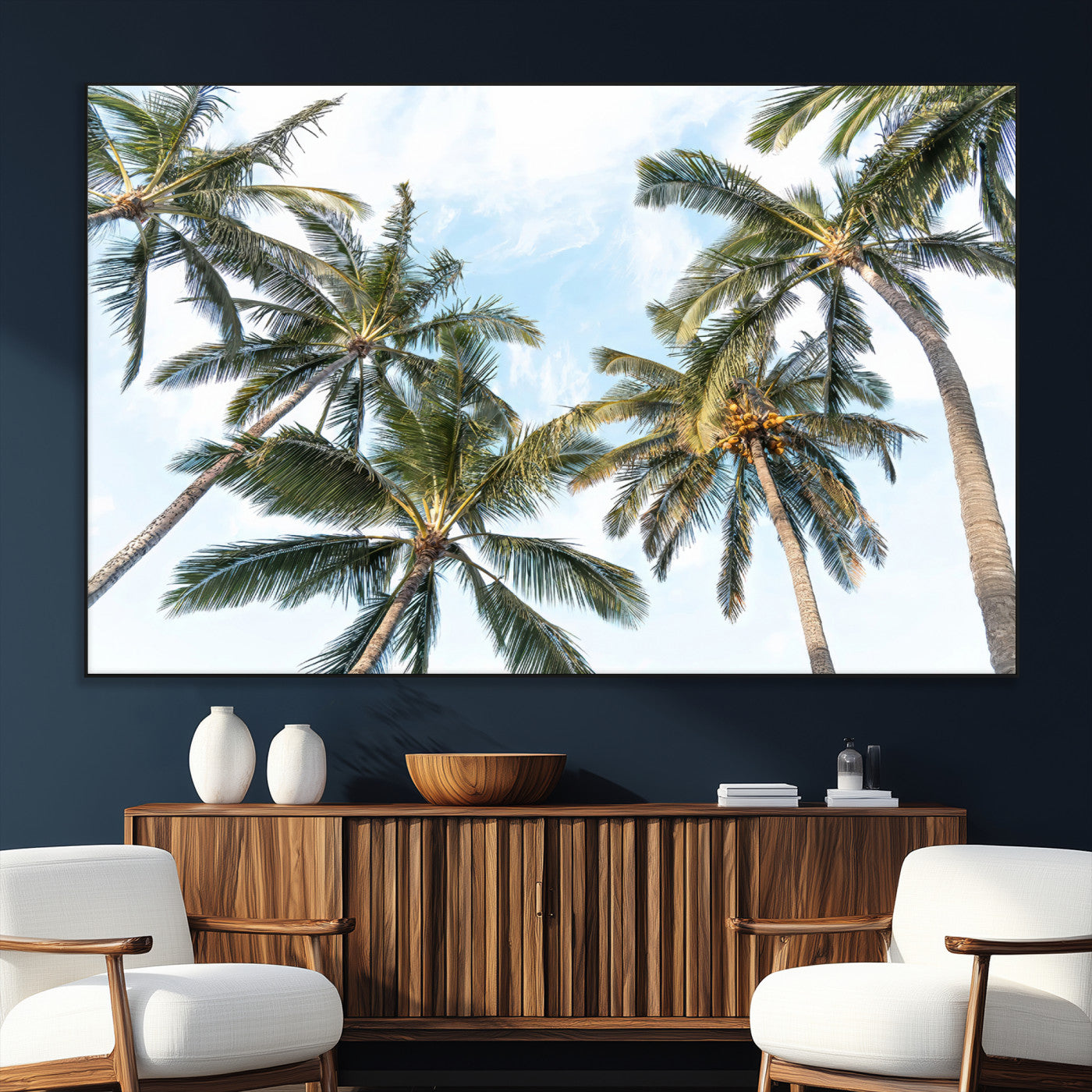 87247012-MGV-CV-36X24-Skyward Palm Trees Wall Art Canvas Print, Framed Tropical Sky Art Picture Print, Coconut Palm Perfect Tropical Skyview Decor