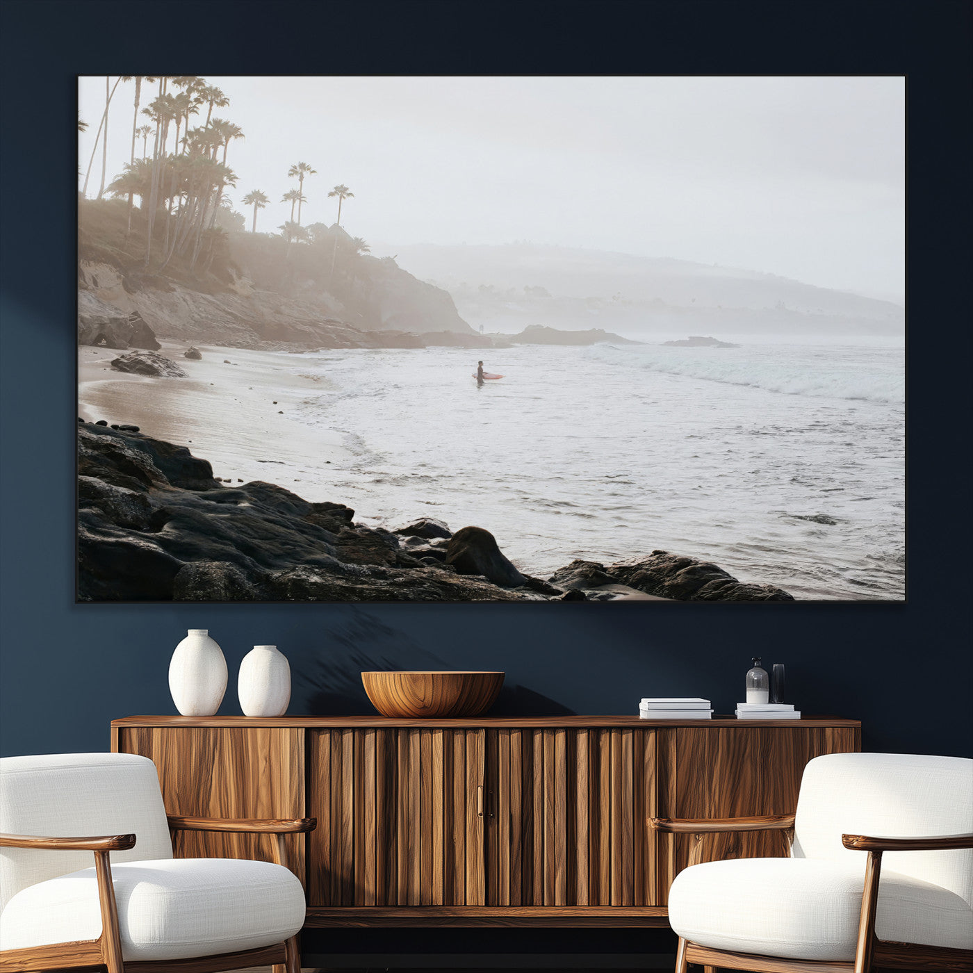 62501405-MGV-CV-36X24-Misty Beach Wall Art Canvas Print, Framed California Surfer Art Picture Print, Coastal Cliff Perfect Coastal Beach Decor Artwork
