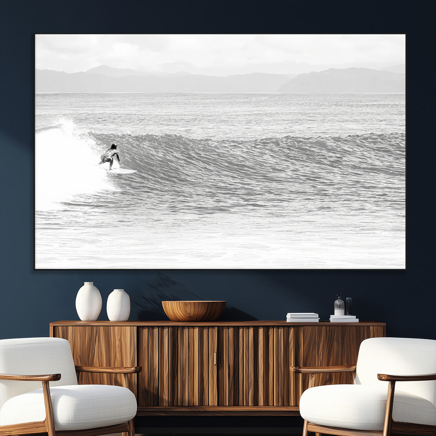 81535128-SEG-FC-51X34_Oversize_Oversize-Surfer Woman Wall Art Canvas Print, Framed Black Ocean Art Picture Print, Ocean Surfing Perfect Monochrome Coastal Decor Artwork