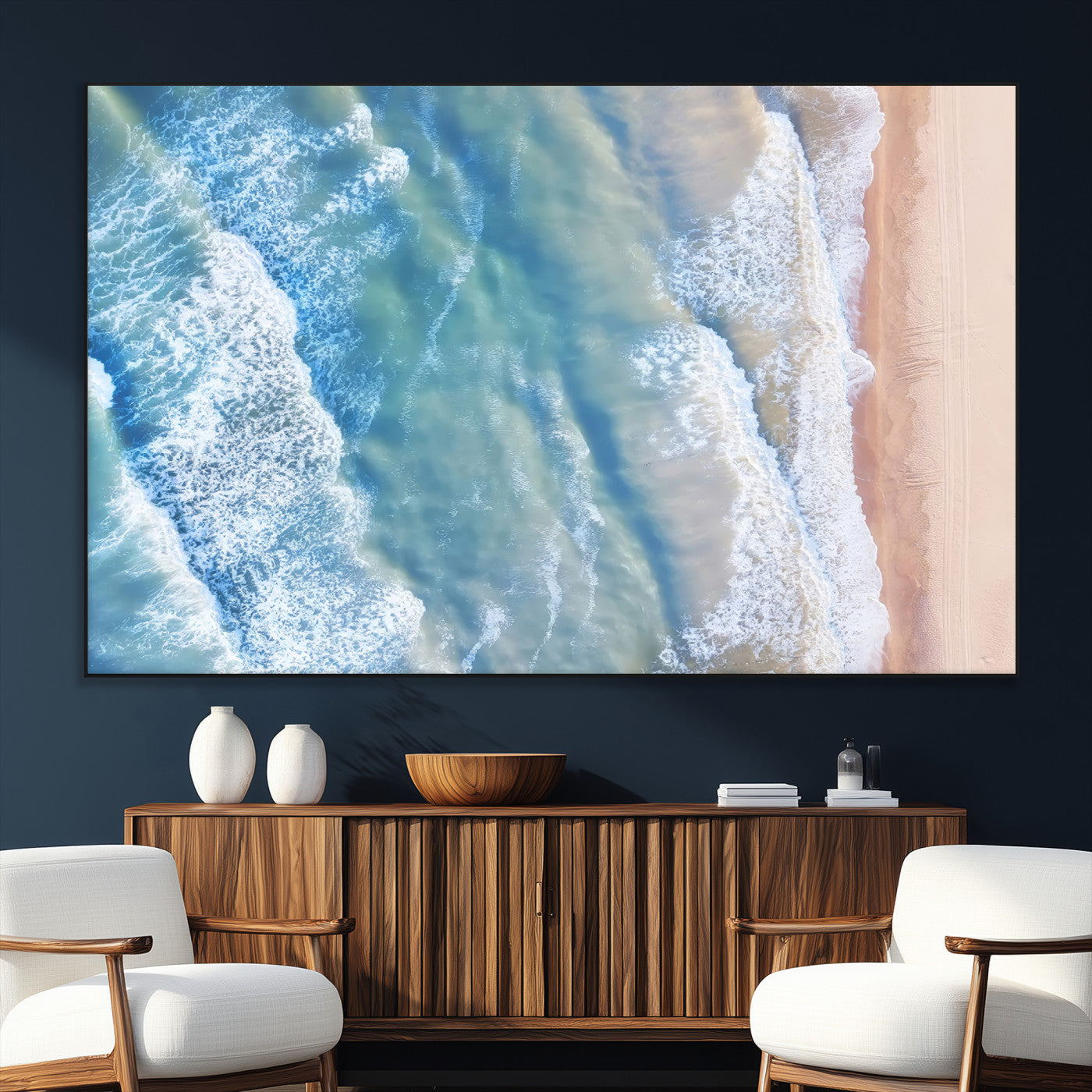 17641845-MGV-CV-36X24-Aerial Ocean Wall Art Canvas Print, Framed Blue Waves Art Picture Print, Sandy Shoreline Perfect Modern Coastal Decor Artwork