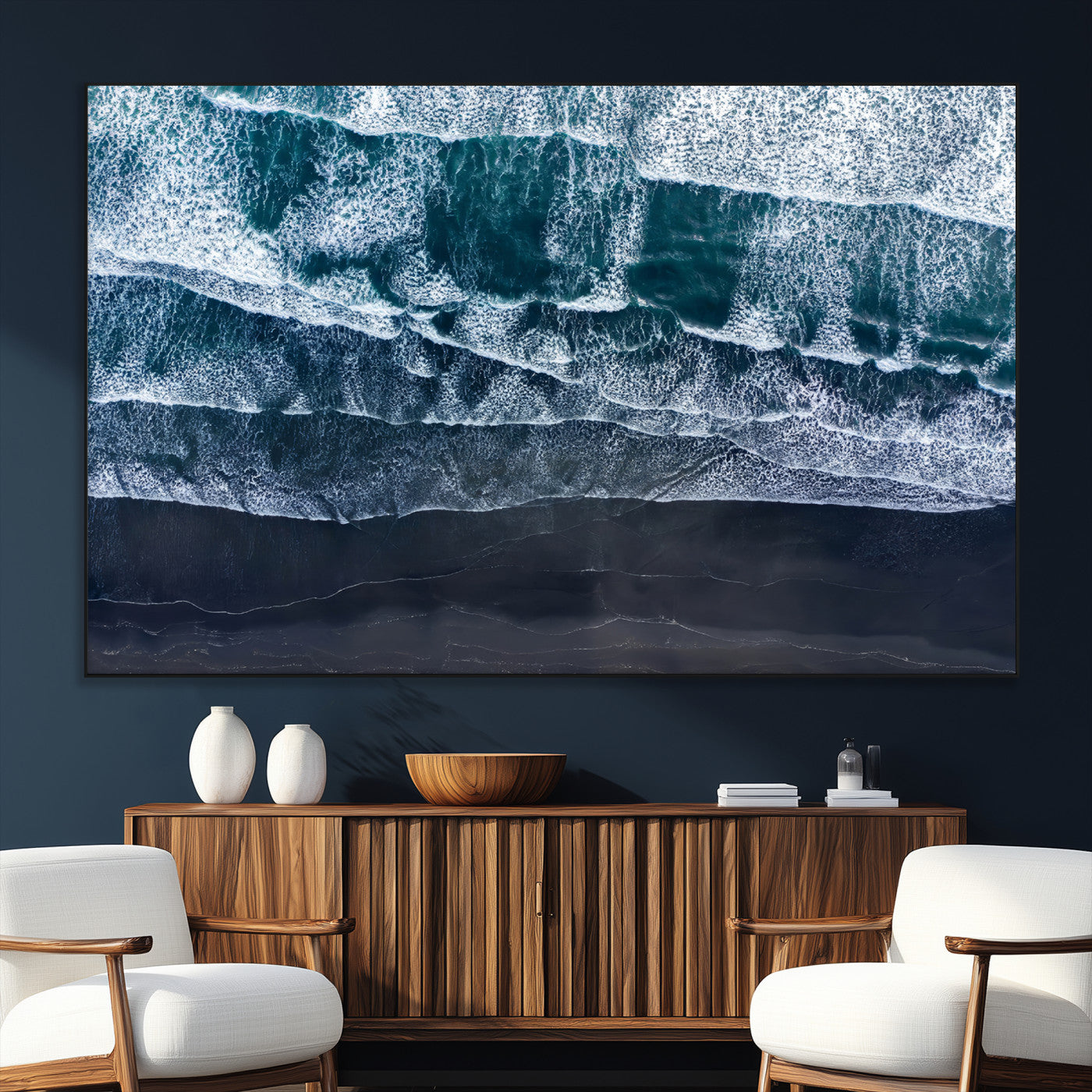 87941475-SEG-FC-51X34_Oversize_Oversize-Black Beach Wall Art Canvas Print, Framed Aerial Ocean Art Picture Print, Moody Coastal Perfect Modern Coastal Decor Artwork