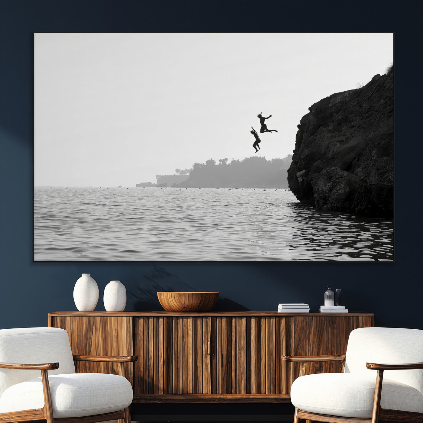 52284302-MGV-CV-36X24-Cliff Jumping Wall Art Canvas Print, Framed Ocean Adventure Art Picture Print, Black White Coast Perfect Modern Coastal Decor