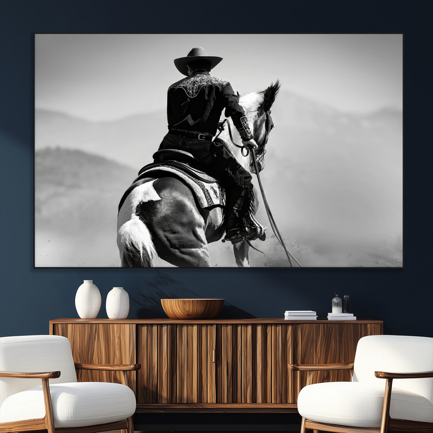 83102464-MGV-CV-36X24-Western Cowboy Wall Art Canvas Print, Framed Monochrome Horse Art Picture Print, Western Equestrian Perfect Rustic Western Decor