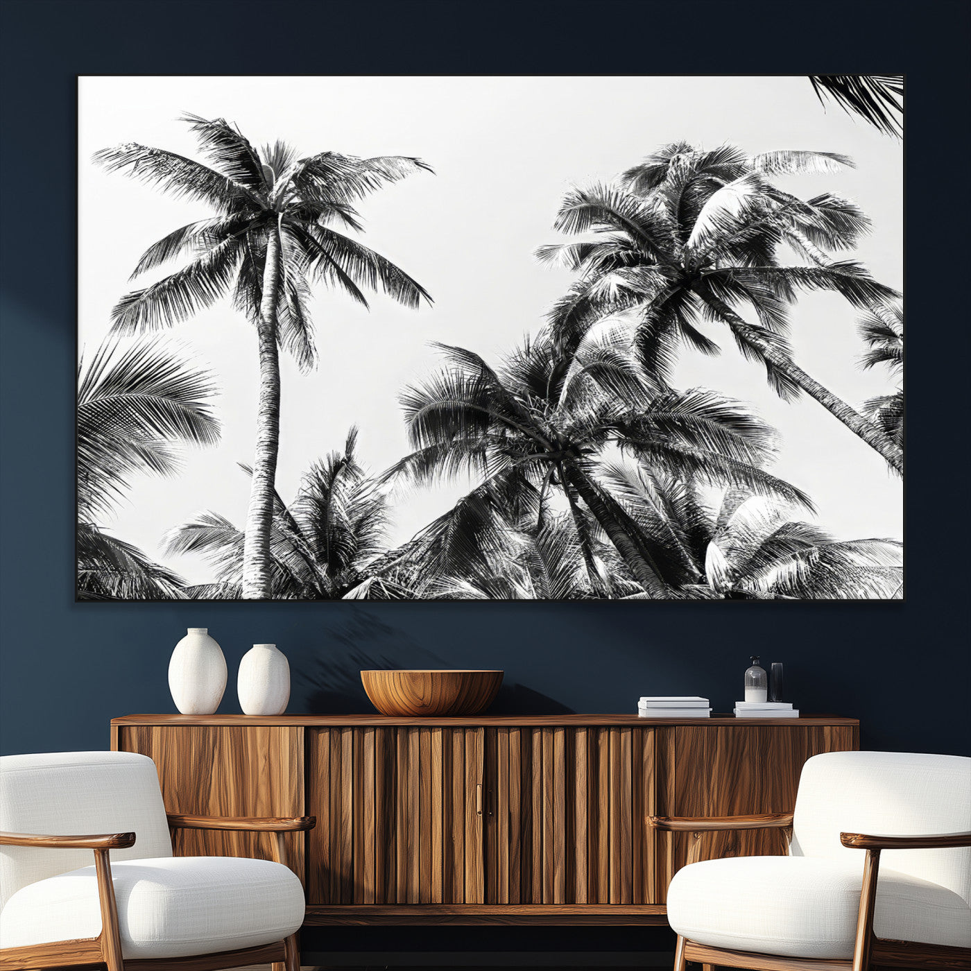 46641801-MGV-CV-36X24-Palm Tree Wall Art Canvas Print, Framed Black White Tropics Art Picture Print, Monochrome Palms Perfect Modern Tropical Minimalist
