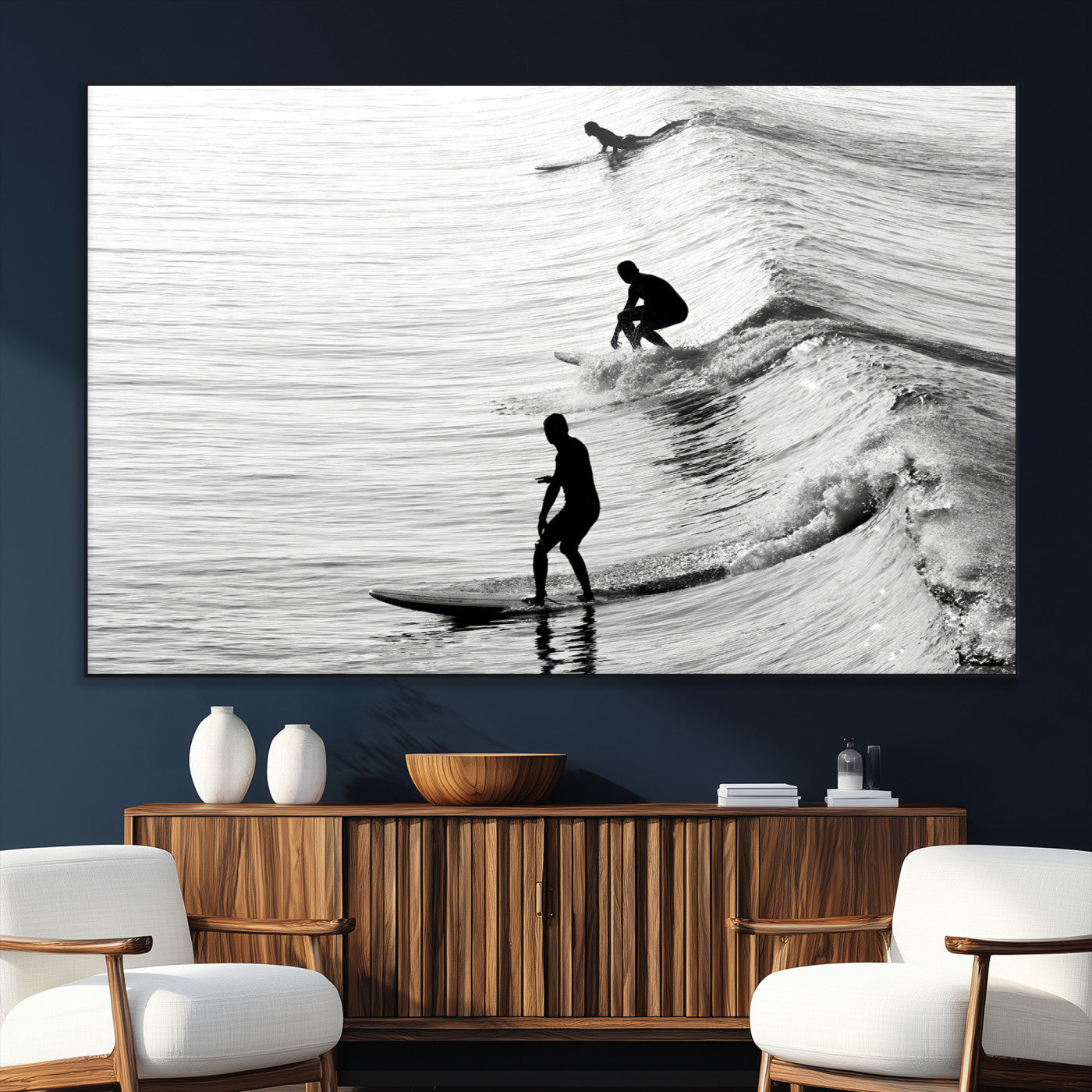 19875284-SEG-FC-51X34_Oversize_Oversize-Surfer Waves Wall Art Canvas Print, Framed Black White Surf Art Picture Print, Monochrome Ocean Perfect Modern Coastal Decor