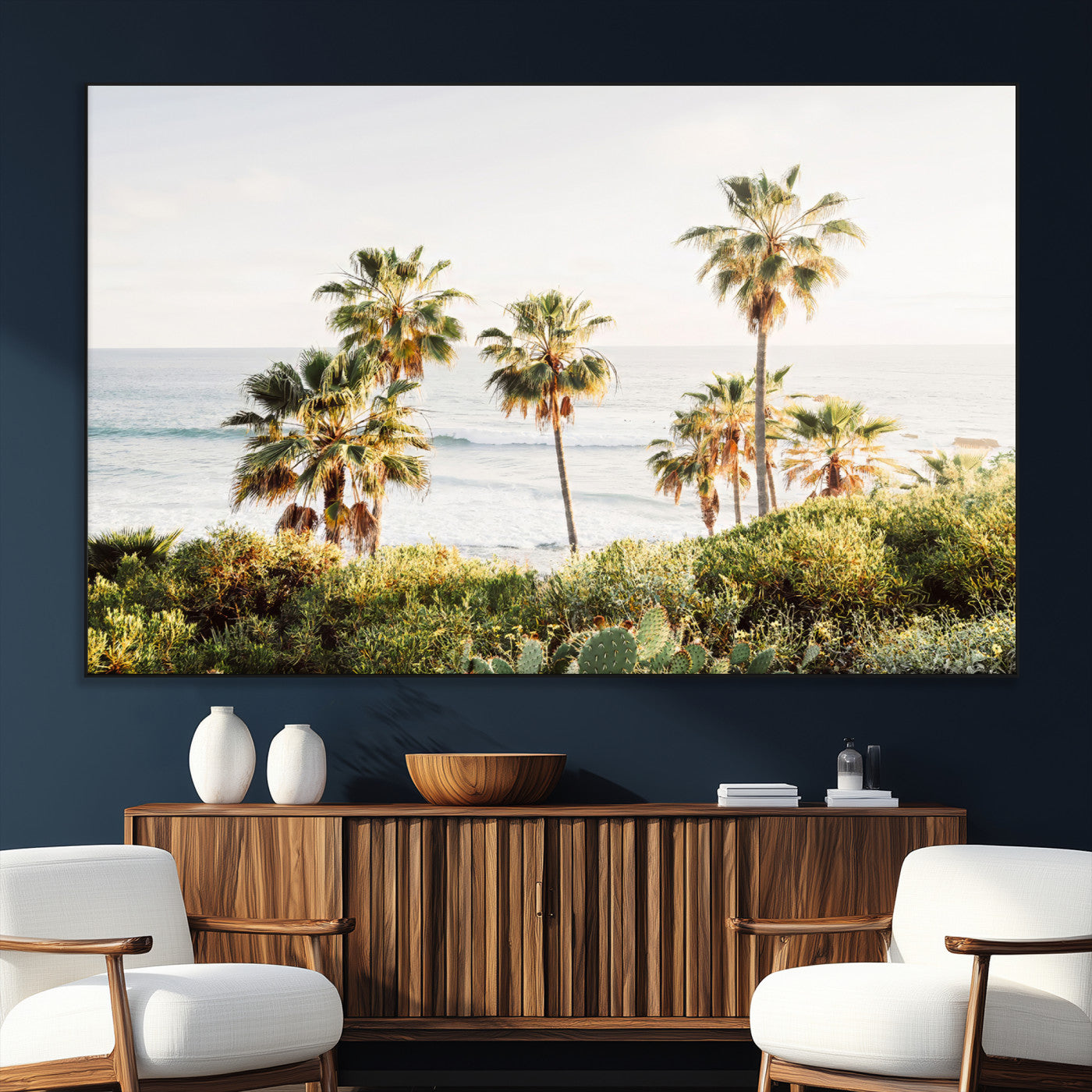 94707294-MGV-CV-36X24-California Coast Wall Art Canvas Print, Framed Palm Trees Art Picture Print, Coastal Landscape Perfect Coastal Minimalist Decor