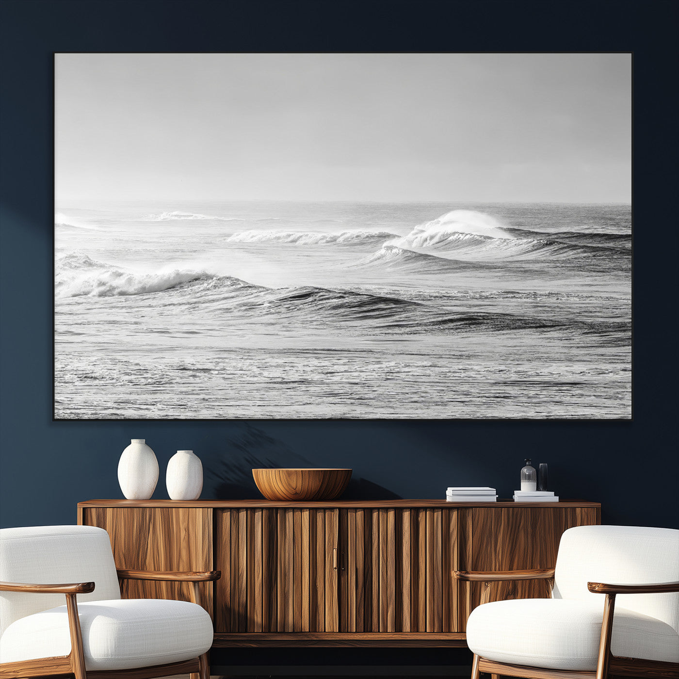 98634812-MGV-CV-36X24-Black and White Ocean Waves Wall Art – Minimalist Sea Canvas Print, Coastal Photography Decor for Living Room, Bedroom or Office
