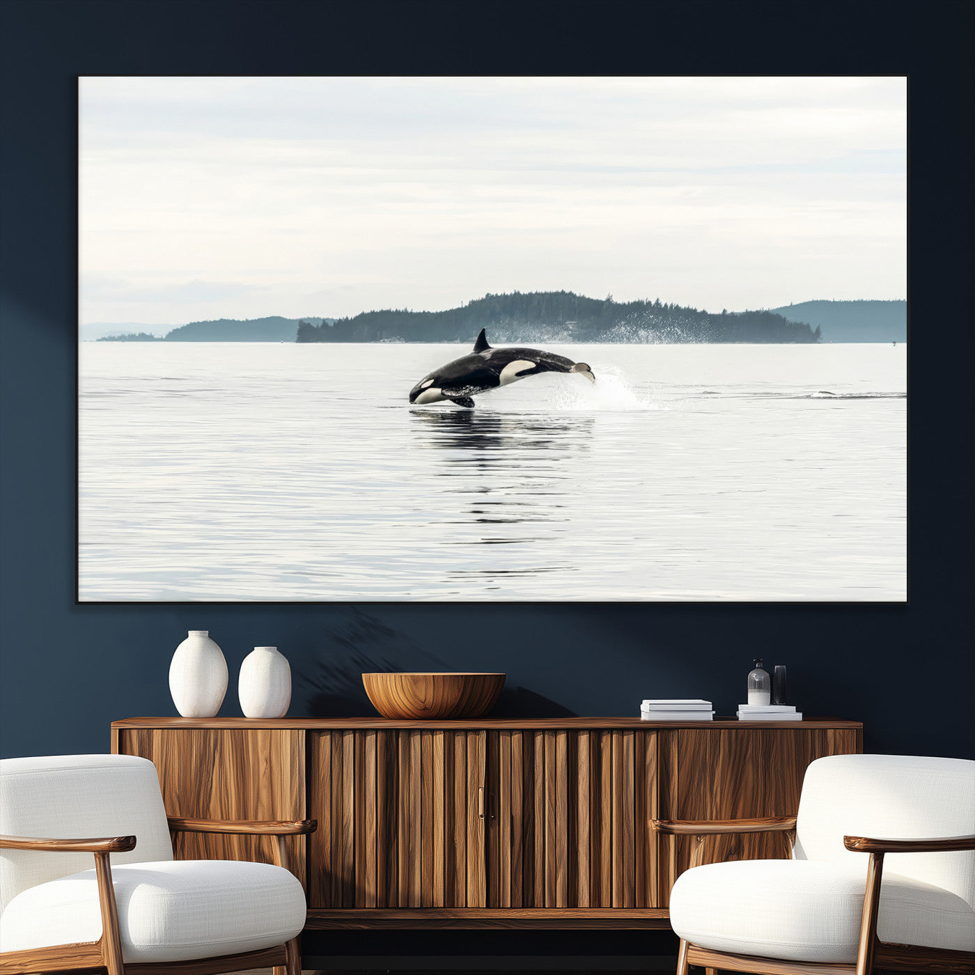 10157174-SEG-FC-51X34_Oversize_Oversize-Orca Whale Wall Art Canvas Print, Framed Black White Whale Art Picture Print, Minimalist Ocean Perfect Coastal Minimalist Decor