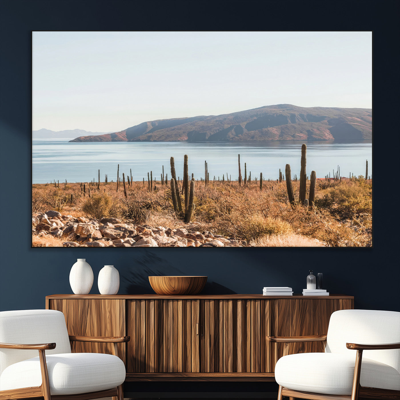 45193515-SEG-FC-51X34_Oversize_Oversize-Desert Cactus Wall Art Canvas Print, Framed Baja Coastline Art Picture Print, Coastal Desert Perfect Southwestern Minimalist Decor