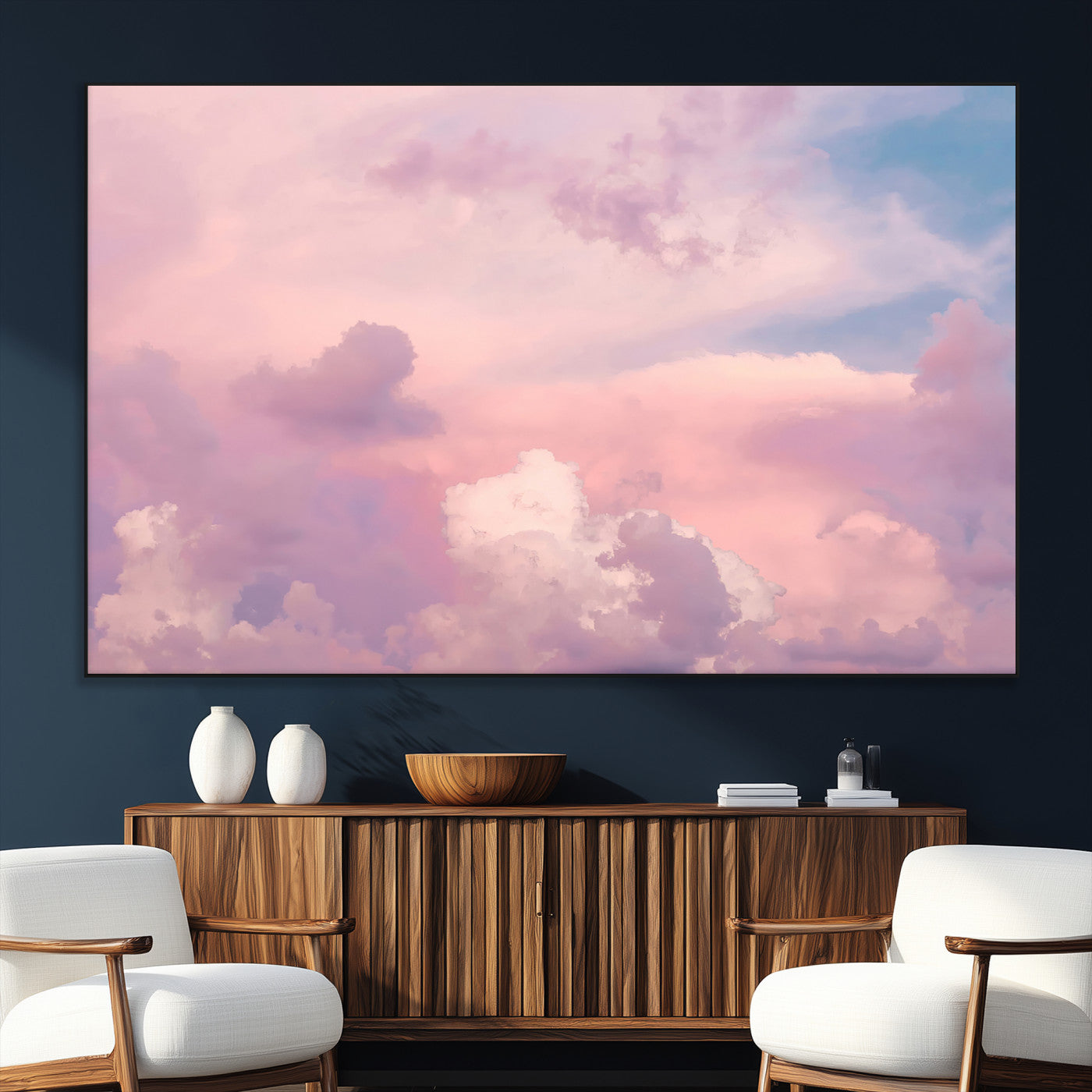 22874890-MGV-CV-36X24-Pastel Sky Wall Art Canvas Print, Framed Dreamy Cloudscape Art Picture Print, Sunset Glow Perfect Minimalist Serenity Decor
