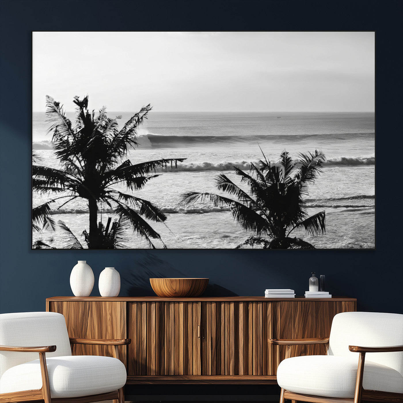 17508038-SEG-FC-51X34_Oversize_Oversize-Tropical Coastline Wall Art Canvas Print, Framed Palm Trees Art Picture Print, Ocean Waves Perfect Minimalist Coastal Decor